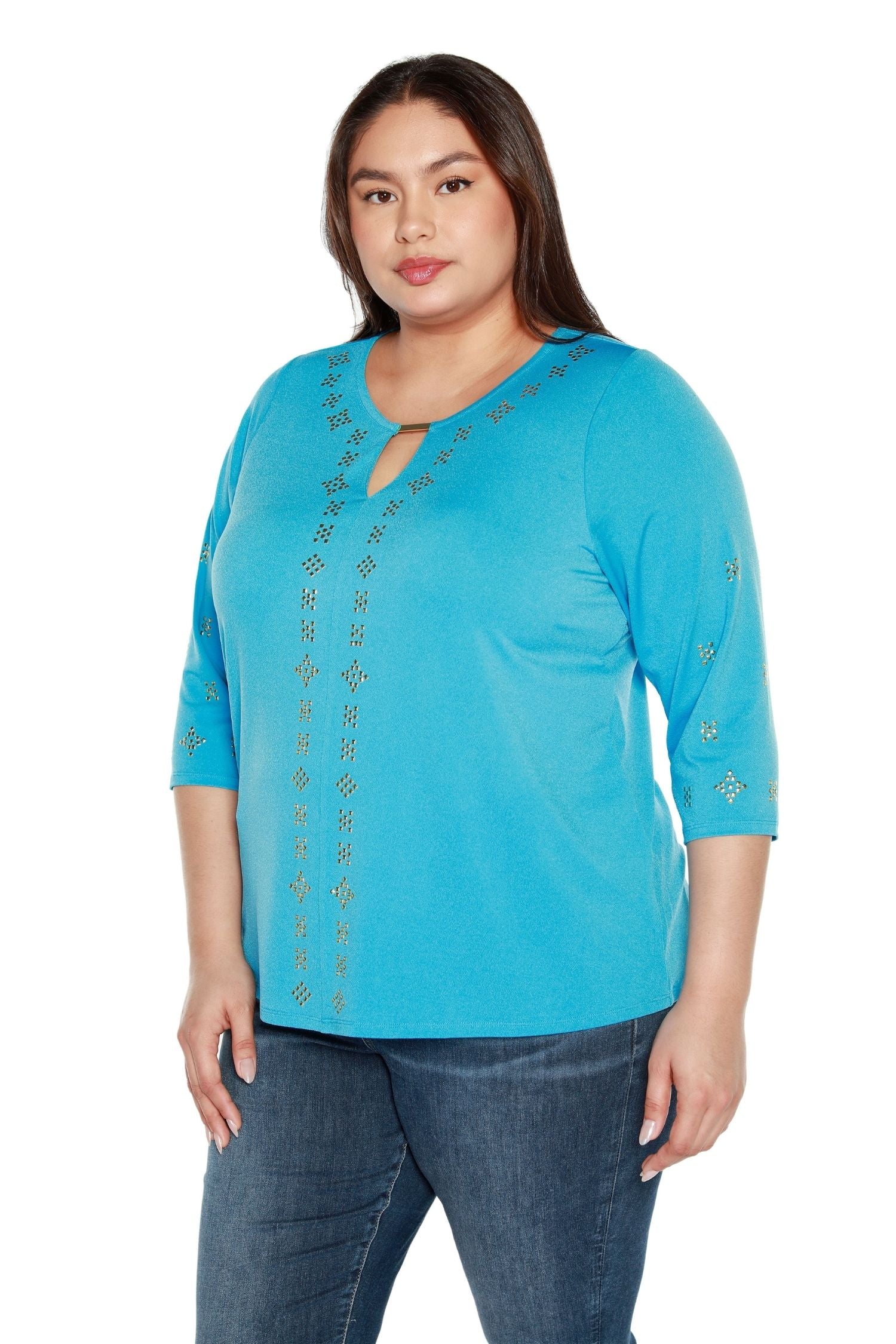 Women's Tunic with Gold Studs and Keyhole Neckline with Gold Bar | Curvy