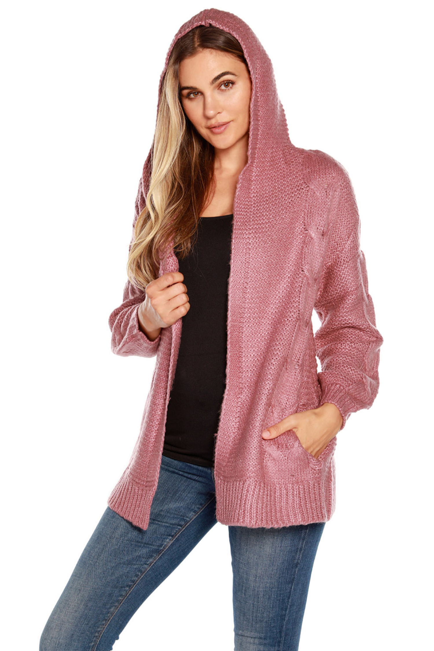 Women s Long Sleeve Knit Hoodie Cable Knit Cardigan with Pockets
