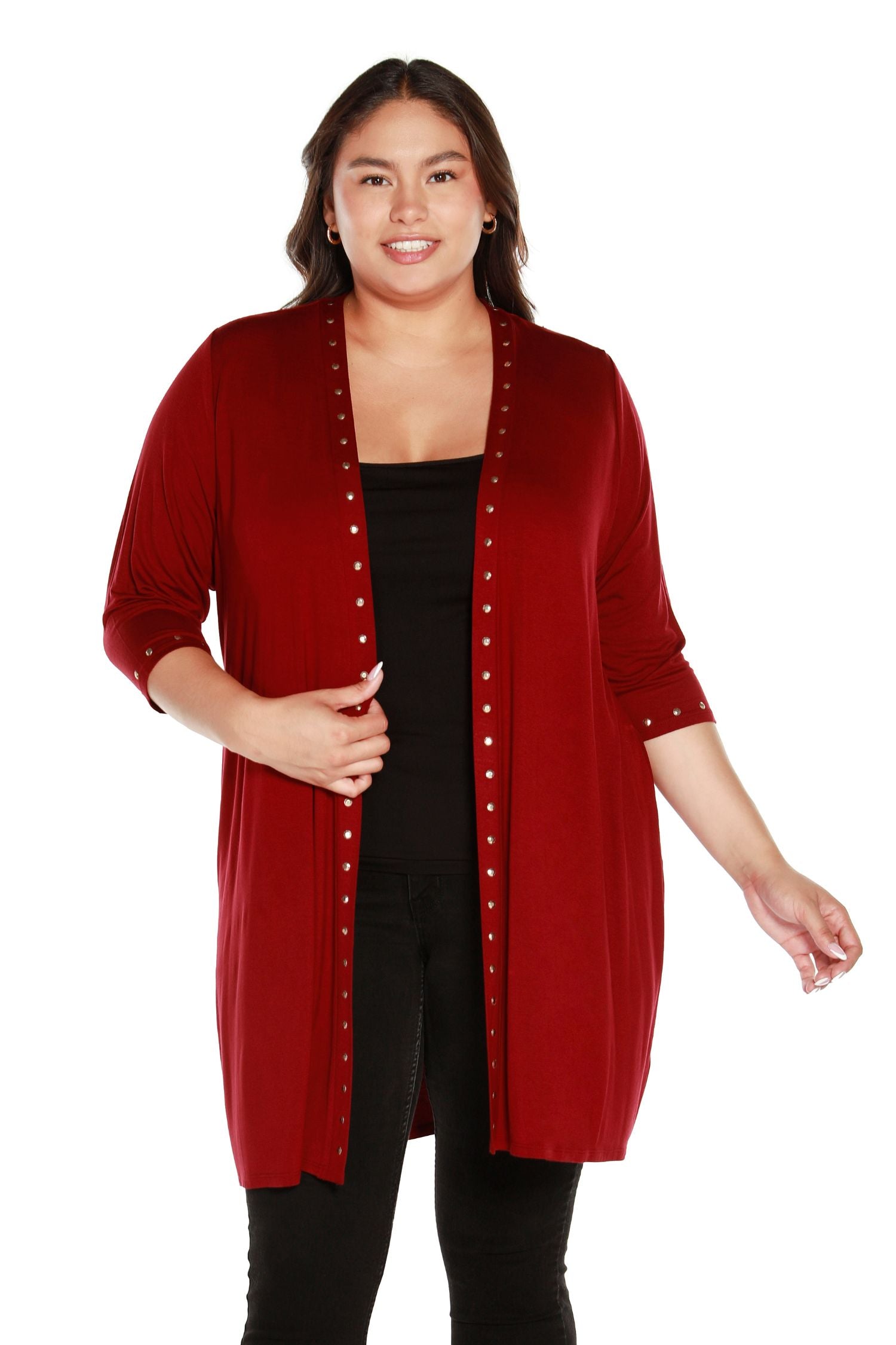 Women's Plus Size 3/4 Sleeve Cardigan with Rhinestuds | Curvy