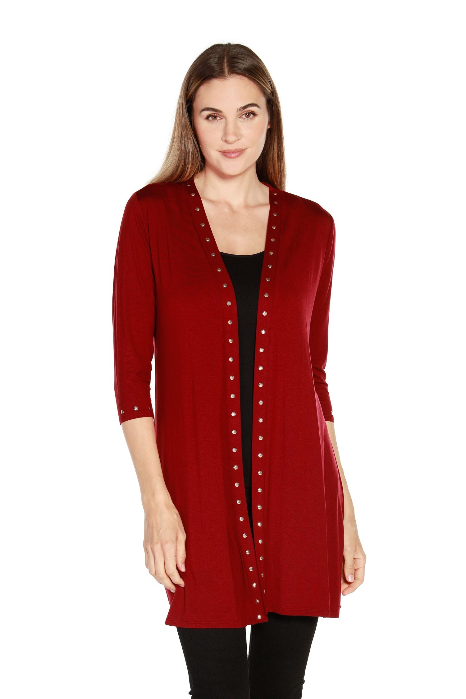 Women's Stylish Long Knit Cardigan Lightweight with 3/4 Sleeves and Rhinestud Trim