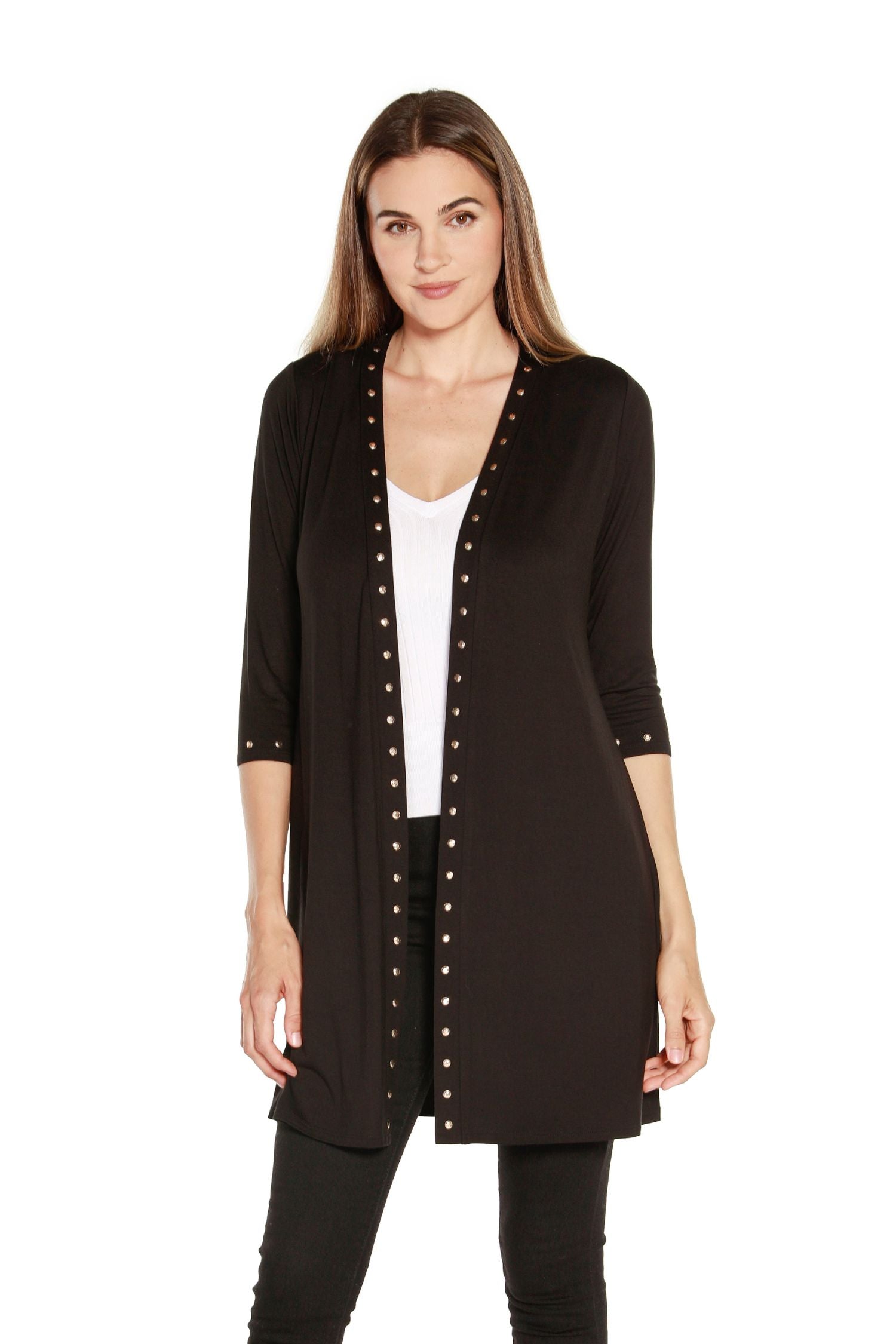 Women's Stylish Long Knit Cardigan Lightweight with 3/4 Sleeves and Rhinestud Trim