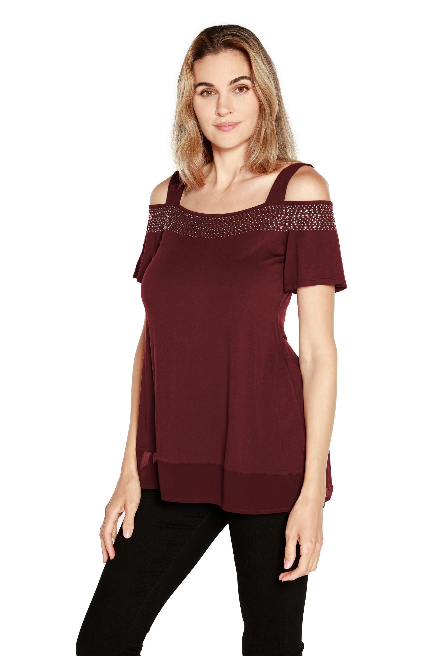 Women's Flutter Sleeve Cold Shoulder Pull Over Top with Stud and Sequin Trim