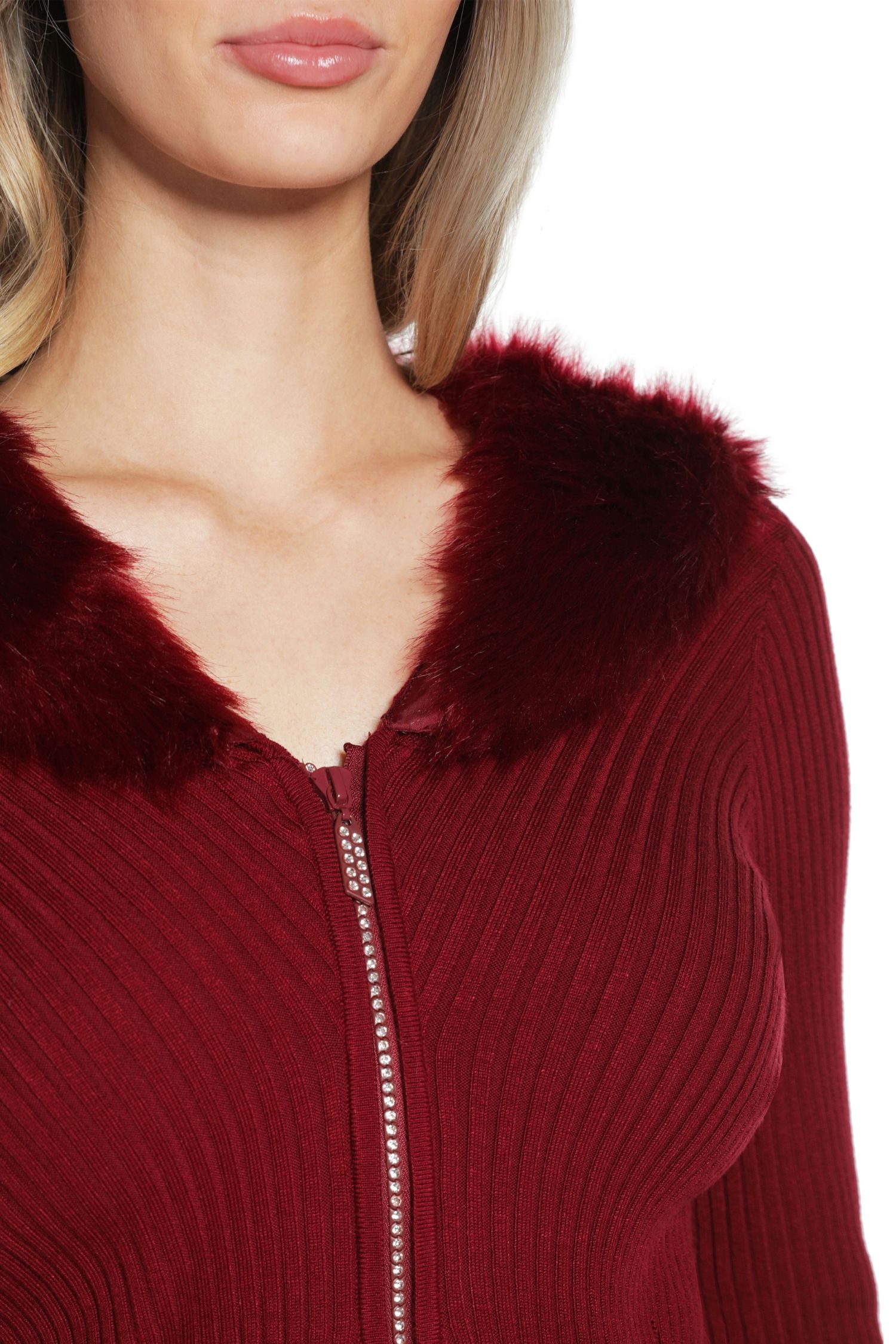 Women’s Trendy Cardigan with Faux Fur Collar and Rhinestone Zipper