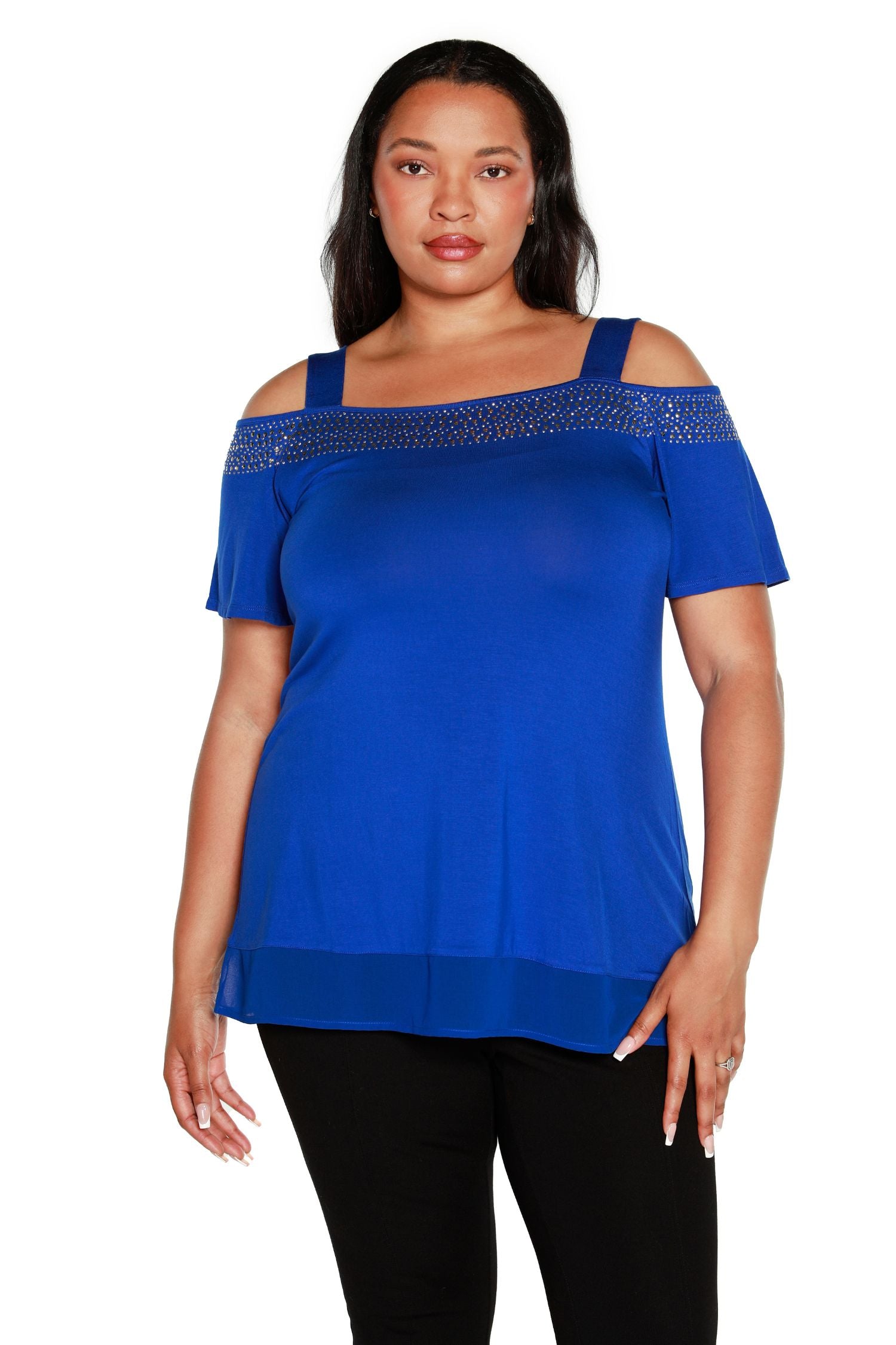 Women's Flutter Sleeve Cold Shoulder Pull Over Top with Stud and Sequin Trim | Curvy