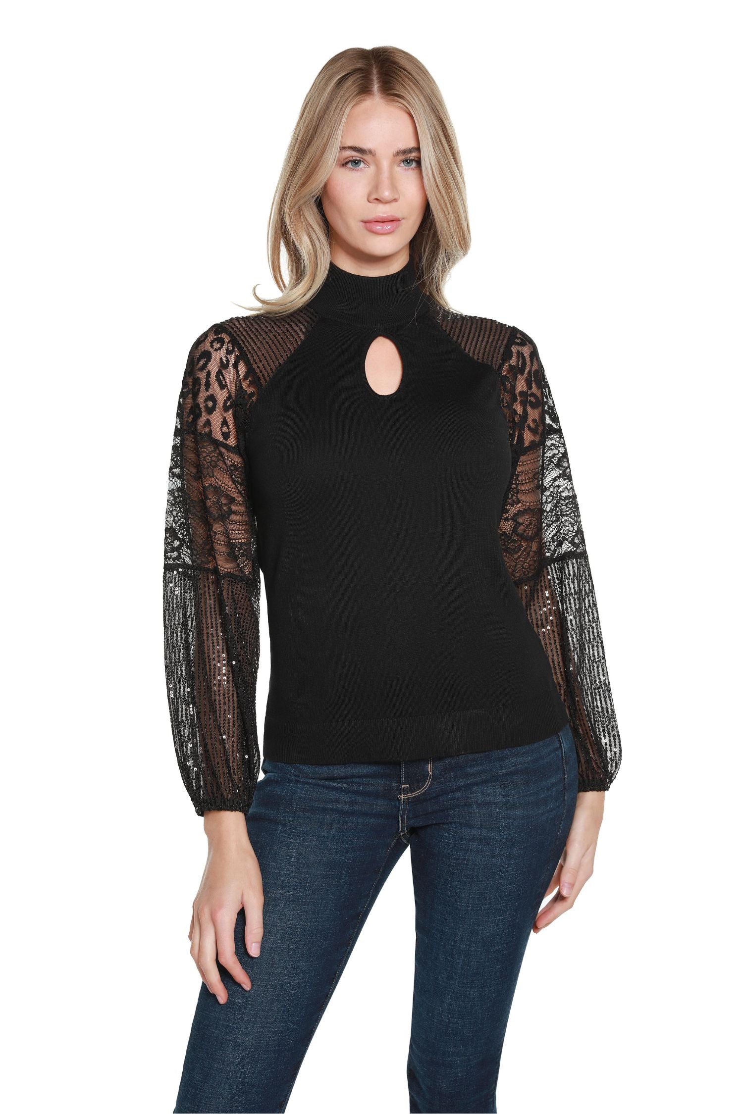 Women’s Long Sleeve Black Sexy Sweater with Modern Lace and Sequin Sleeves