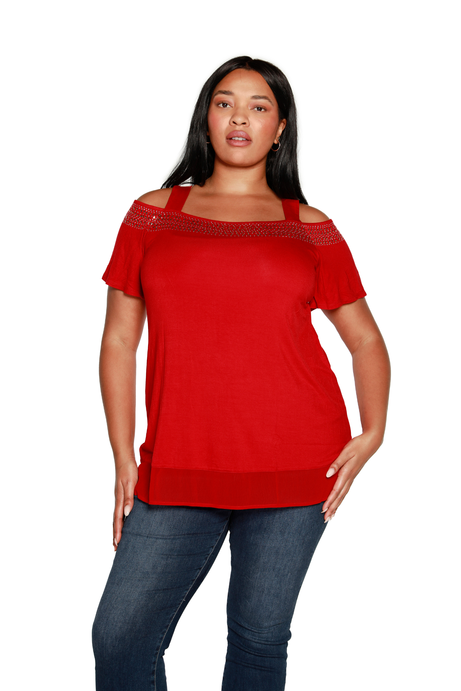 Women's Flutter Sleeve Cold Shoulder Pull Over Top with Stud and Sequin Trim | Curvy