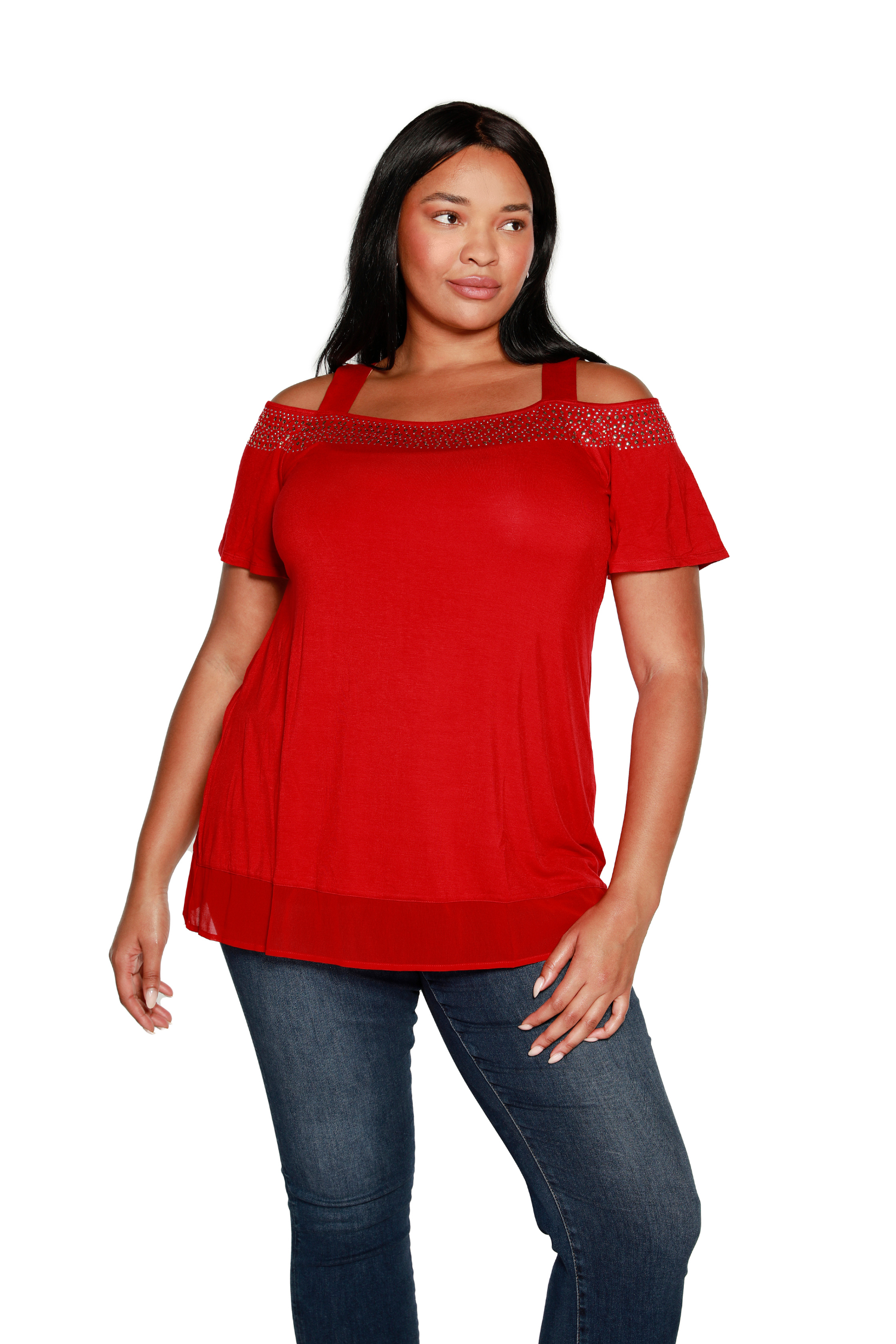 Women's Cold Shoulder Pull Over Top with Flutter Sleeves and Stud and Sequin Trim | Curvy