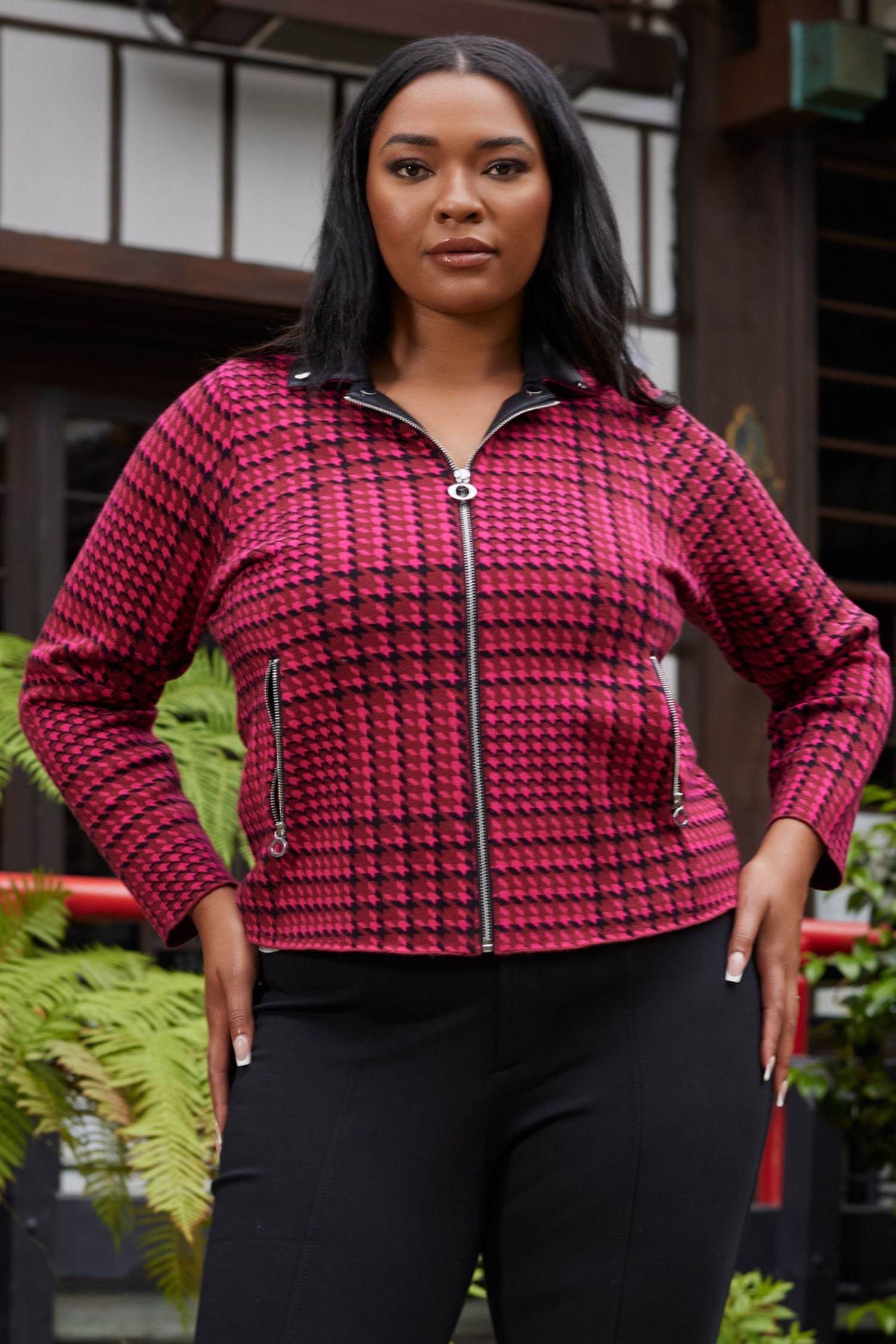 Women's Houndstooth Plaid Moto Style Jacket with Pockets and Custom Hardware | Curvy