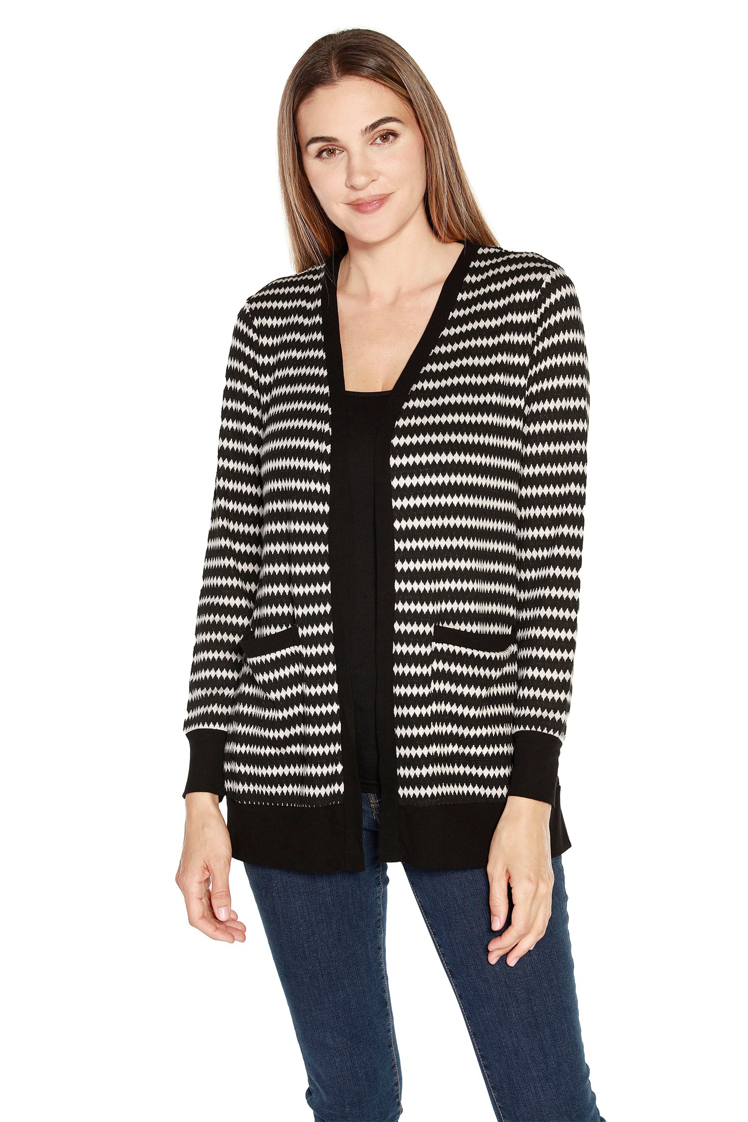 Women's Fashion Cardigan in a Soft Light Knit with a Modern Zig-Zag Stripe and Pockets