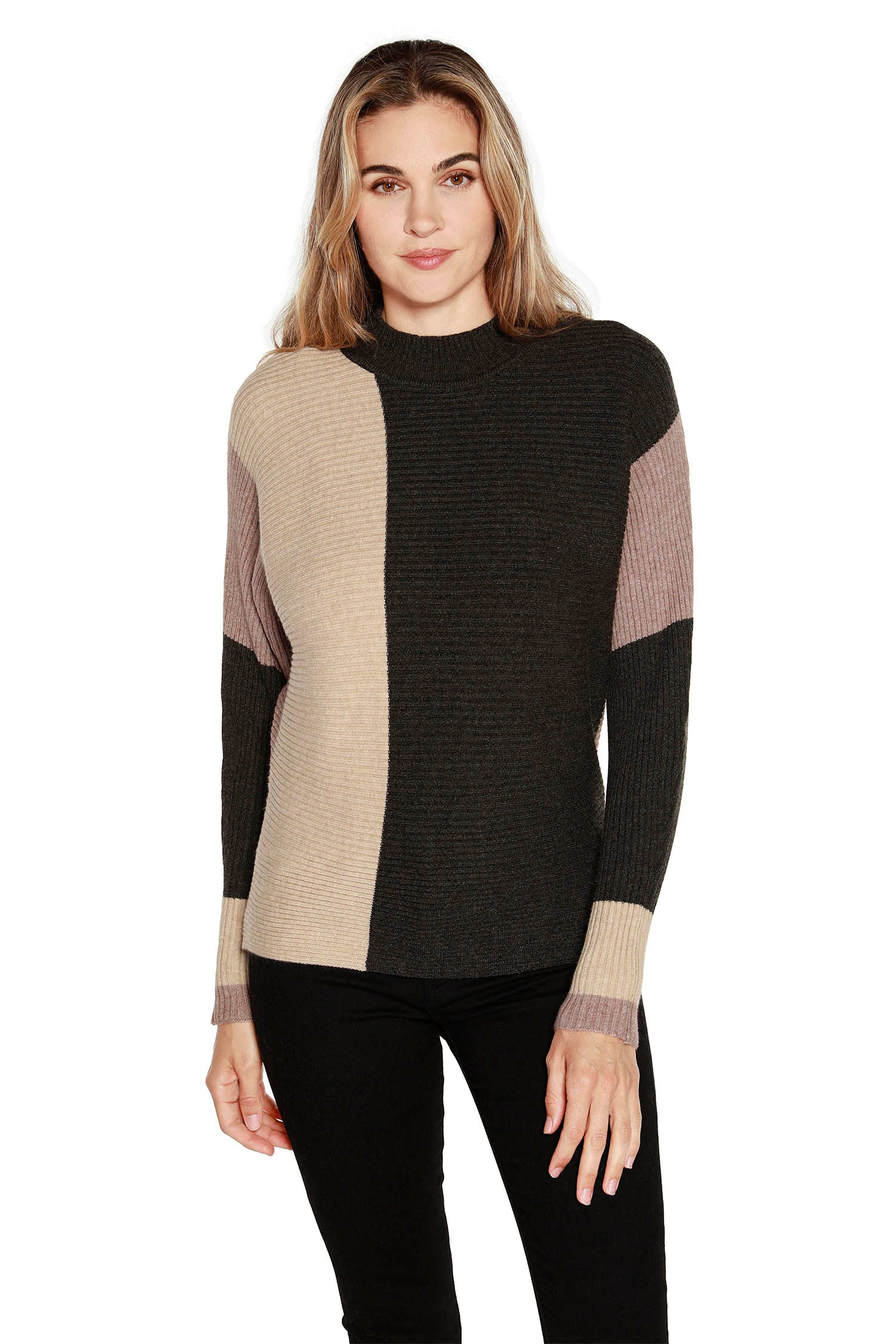 Suéter tipo pulóver para mujer en tejido suave de minicanalé con bloques de color y cuello simulado