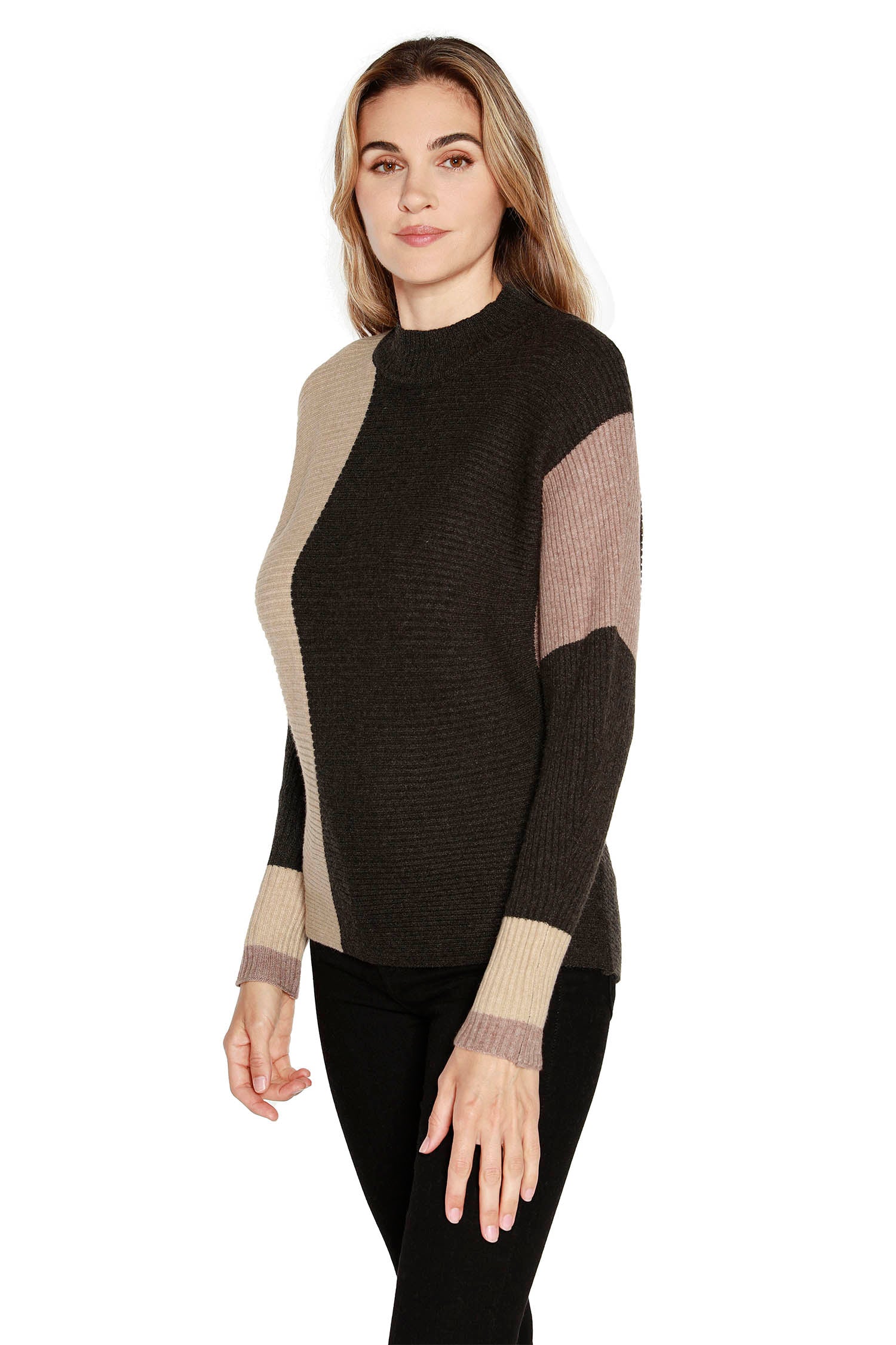 Women's Pullover Sweater in a Soft Mini Rib Color Block Knit with a Mock Neck
