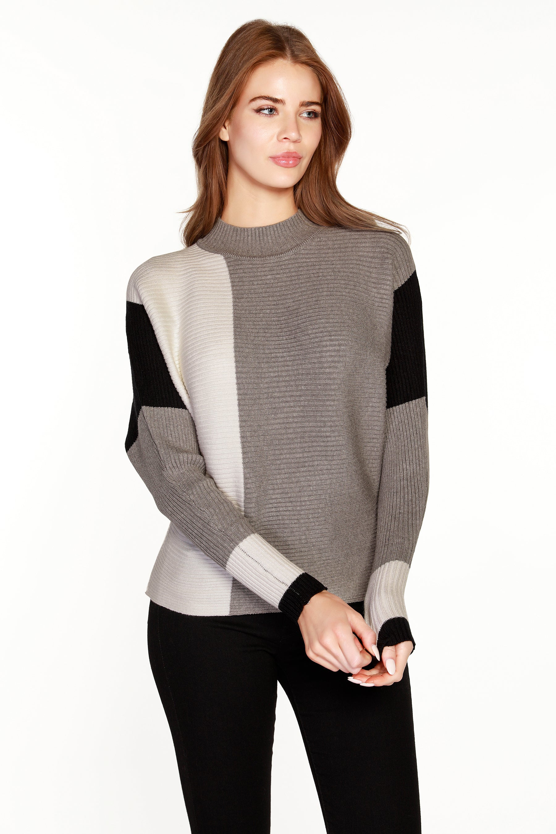 Women's Pullover Sweater in a Soft Mini Rib Color Block Knit with a Mock Neck