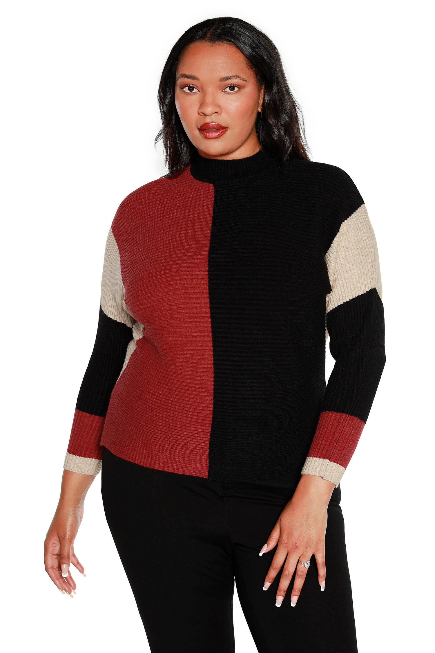 Women's Pullover Sweater in a Soft Mini Rib Color Block Knit with a Mock Neck | Curvy
