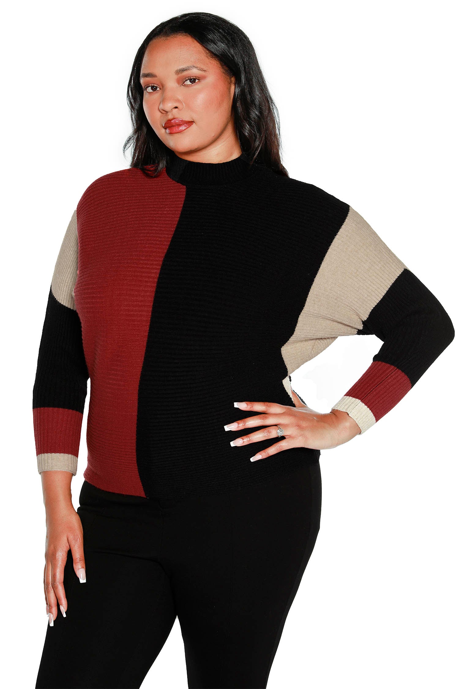 Women's Color Block Pullover Sweater with a Mock Neck | Curvy