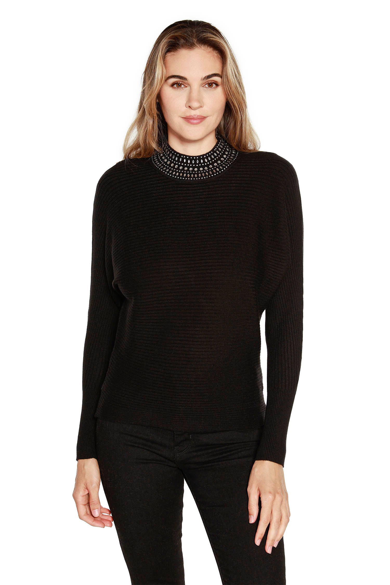Women's Ribbed Knit Dolman with Mock Neck and Rhinestone Detailing