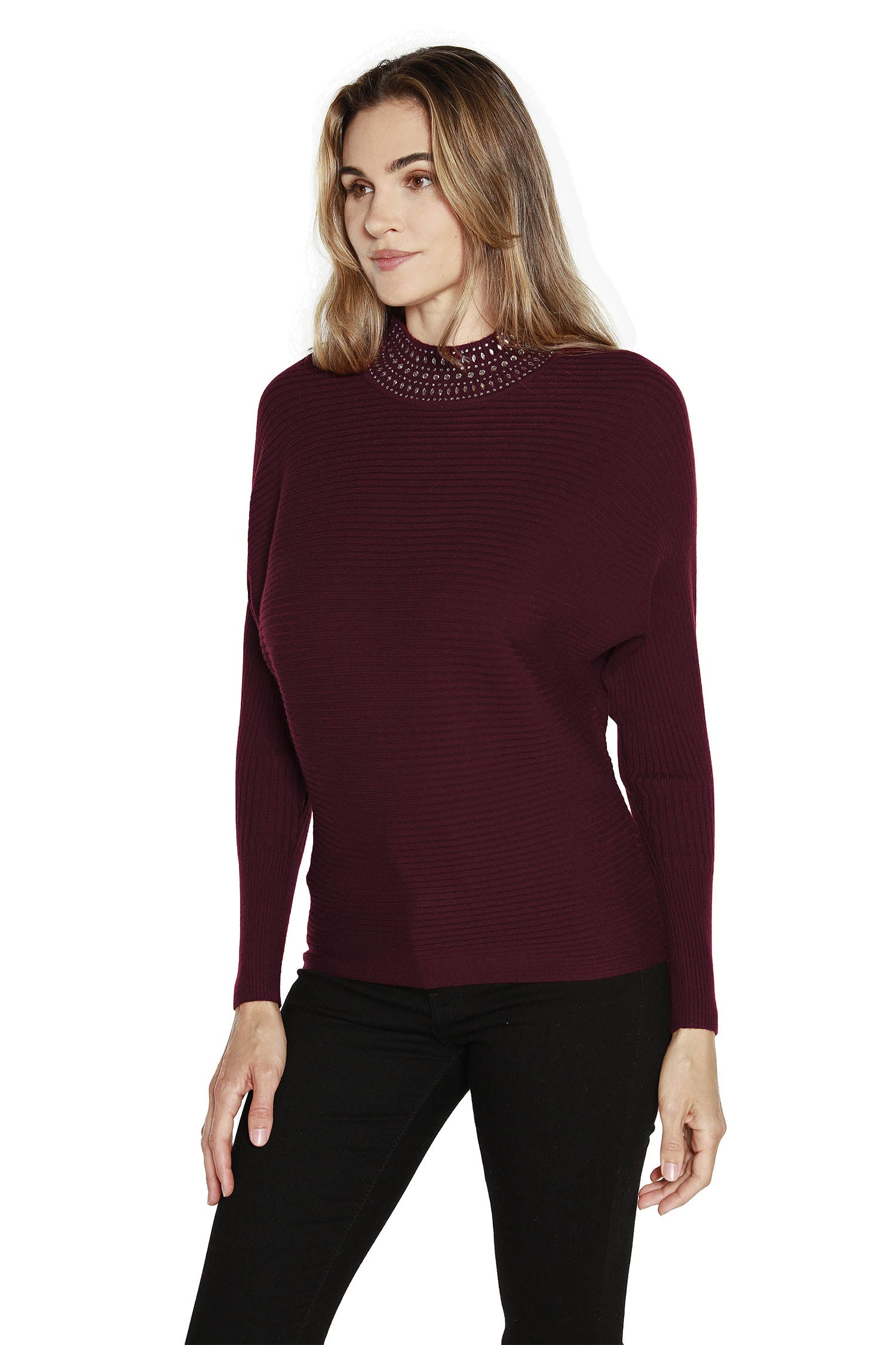 Women's Long Sleeve Sweater in a Ribbed Knit with Dolman Sleeves and Rhinestone Detailed Mock Neck