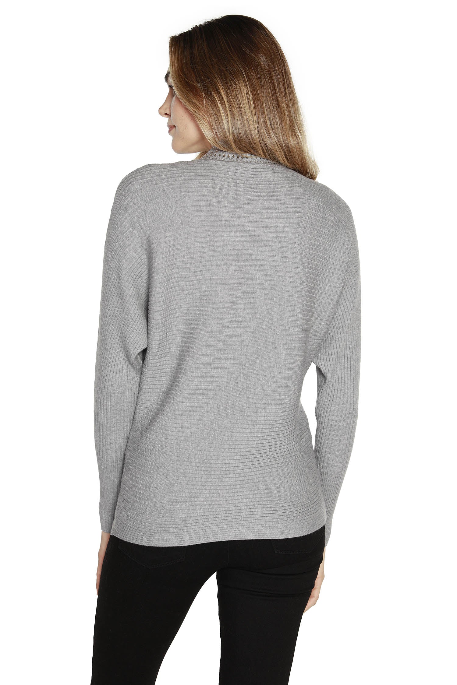Women's Long Sleeve Sweater in a Ribbed Knit with Dolman Sleeves and Rhinestone Detailed Mock Neck