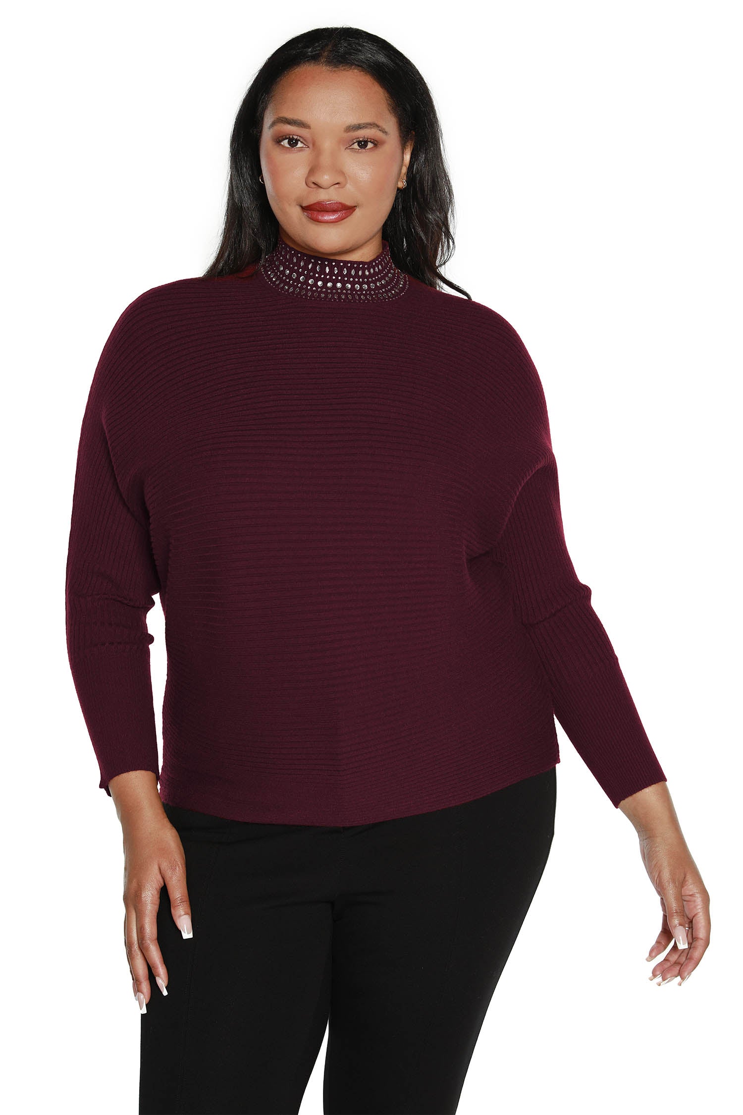 Women's Ribbed Knit Dolman with Mock Neck and Rhinestone Detailing | Curvy