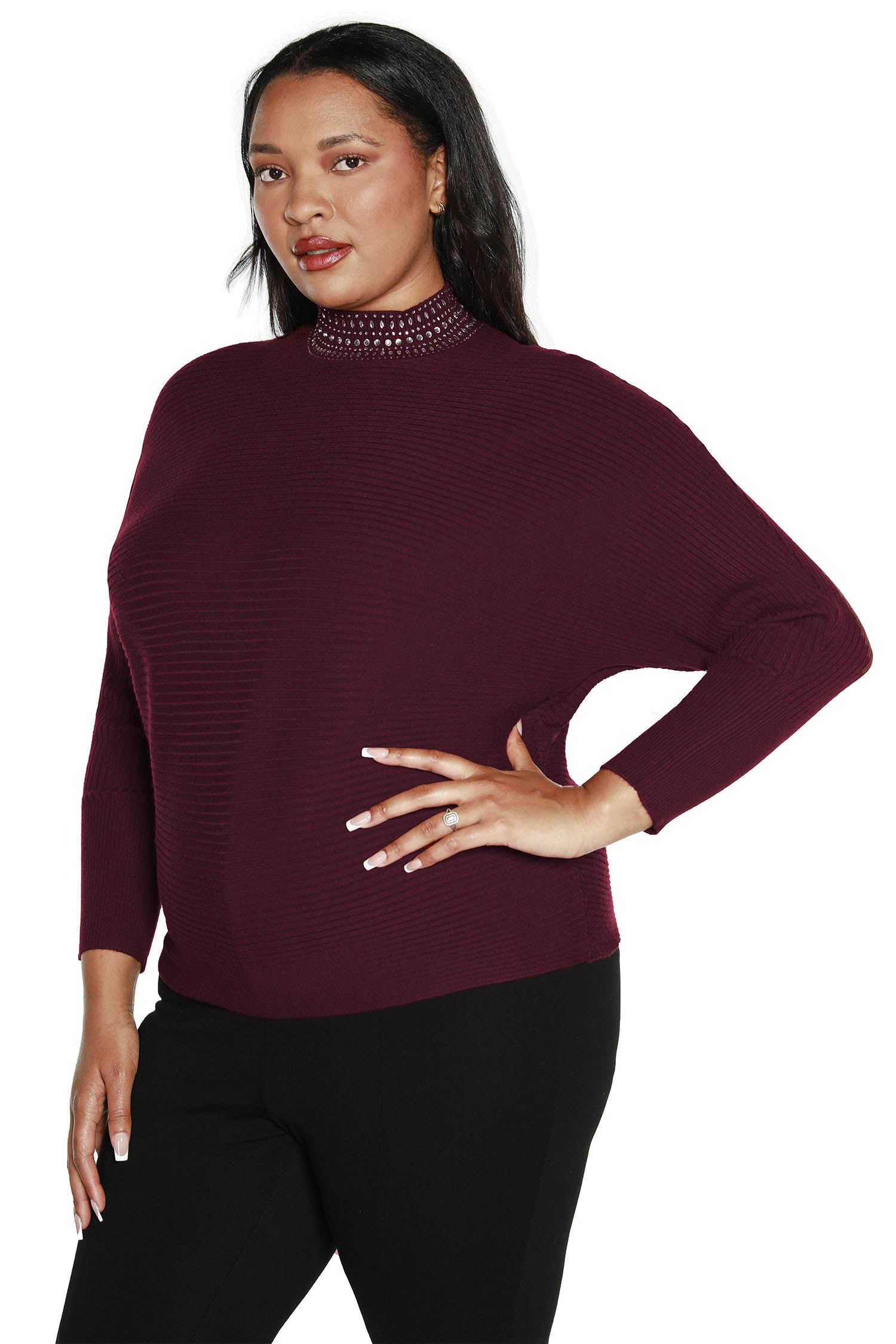Women's Ribbed Knit Dolman with Mock Neck and Rhinestone Detailing | Curvy