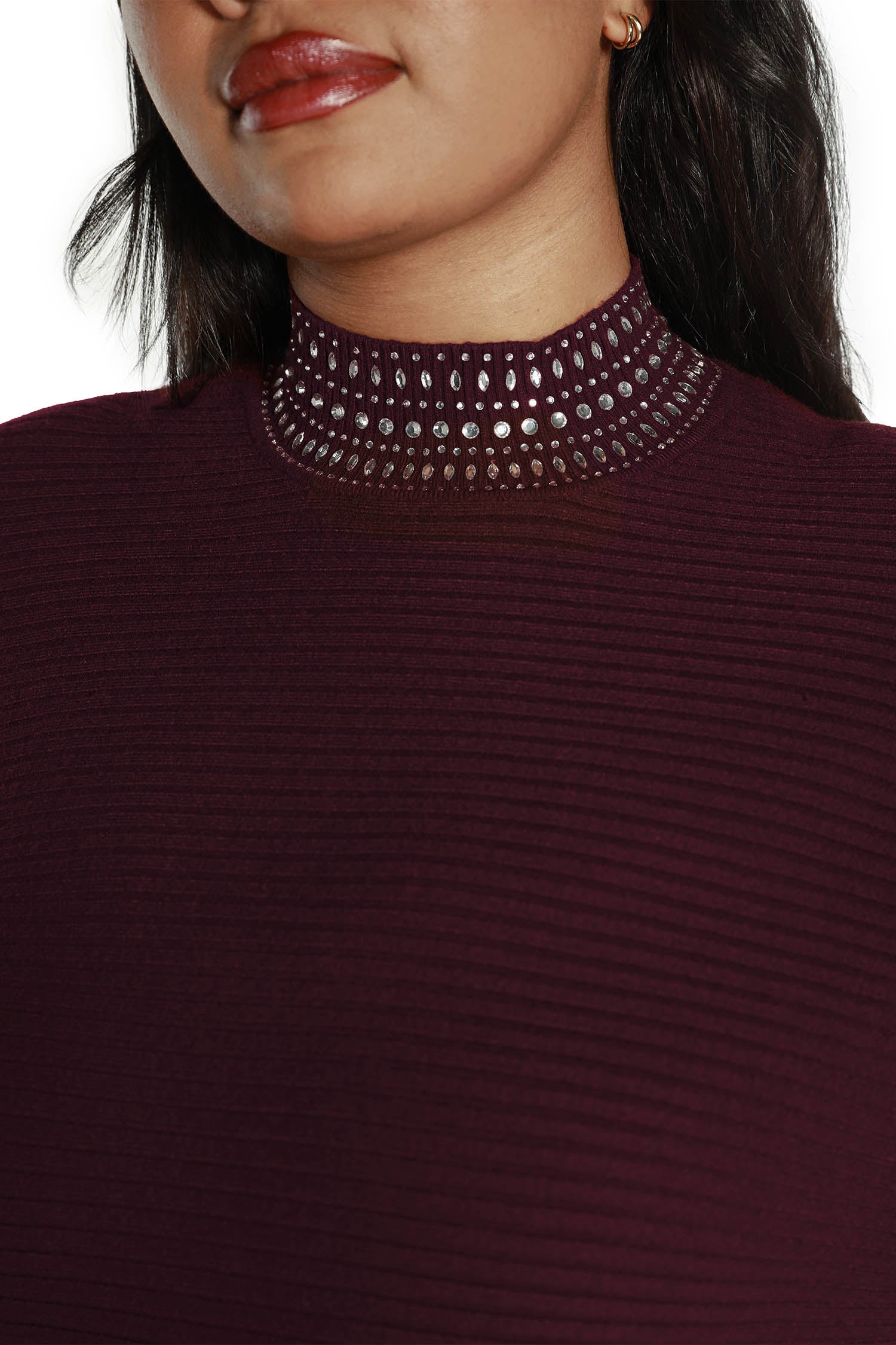 Women's Long Sleeve Sweater in a Ribbed Knit with Dolman Sleeves and Rhinestone Detailed Mock Neck | Curvy