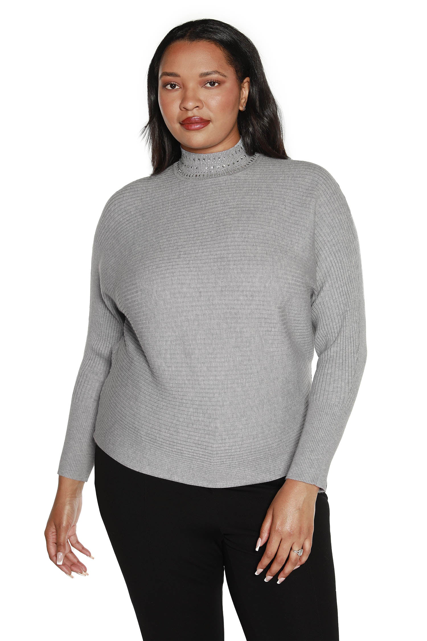 Women's Long Sleeve Sweater in a Ribbed Knit with Dolman Sleeves and Rhinestone Detailed Mock Neck | Curvy