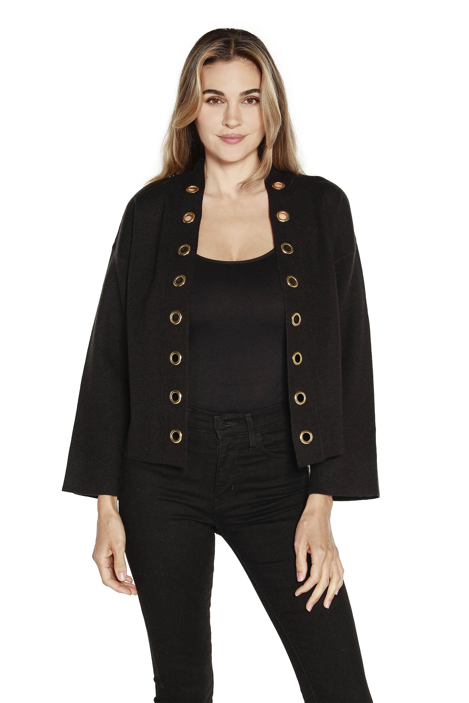 Women's Boxy Cardigan Sweater with Gold Grommet Detail