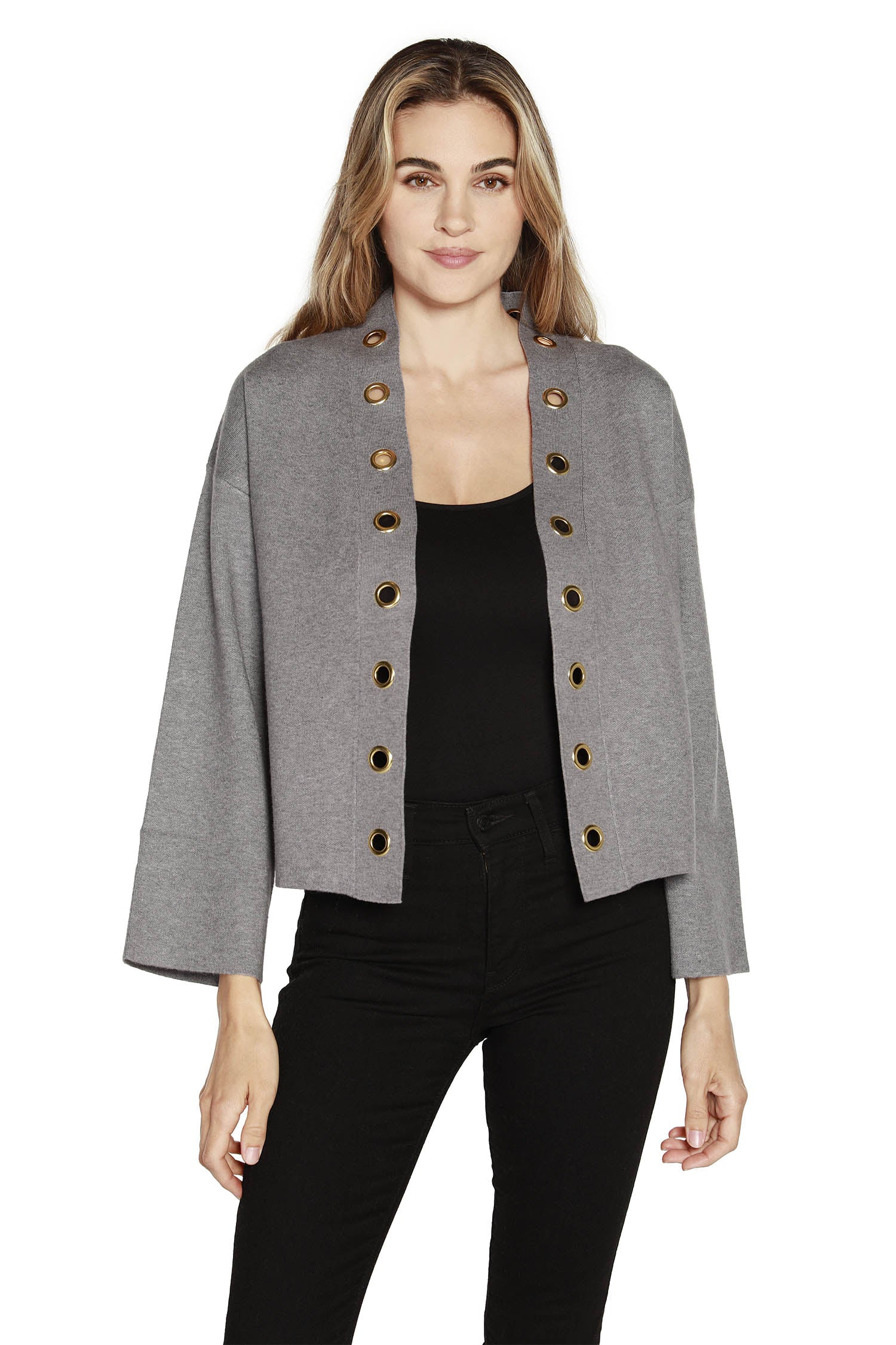 Women's Boxy Cardigan Sweater with Gold Grommet Detail