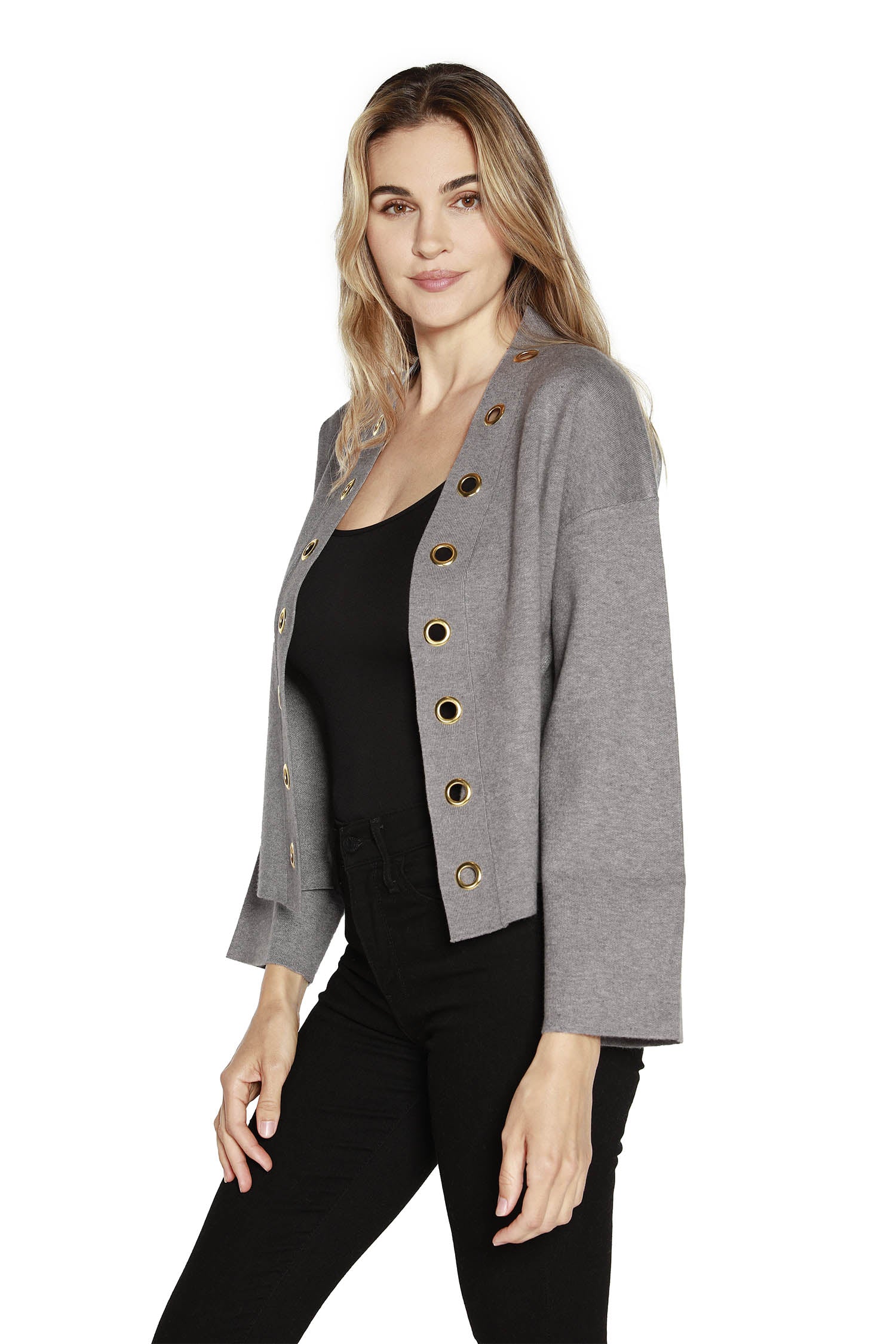 Women's Cropped Slouchy Cardigan Blazer with Gold Grommet Detail
