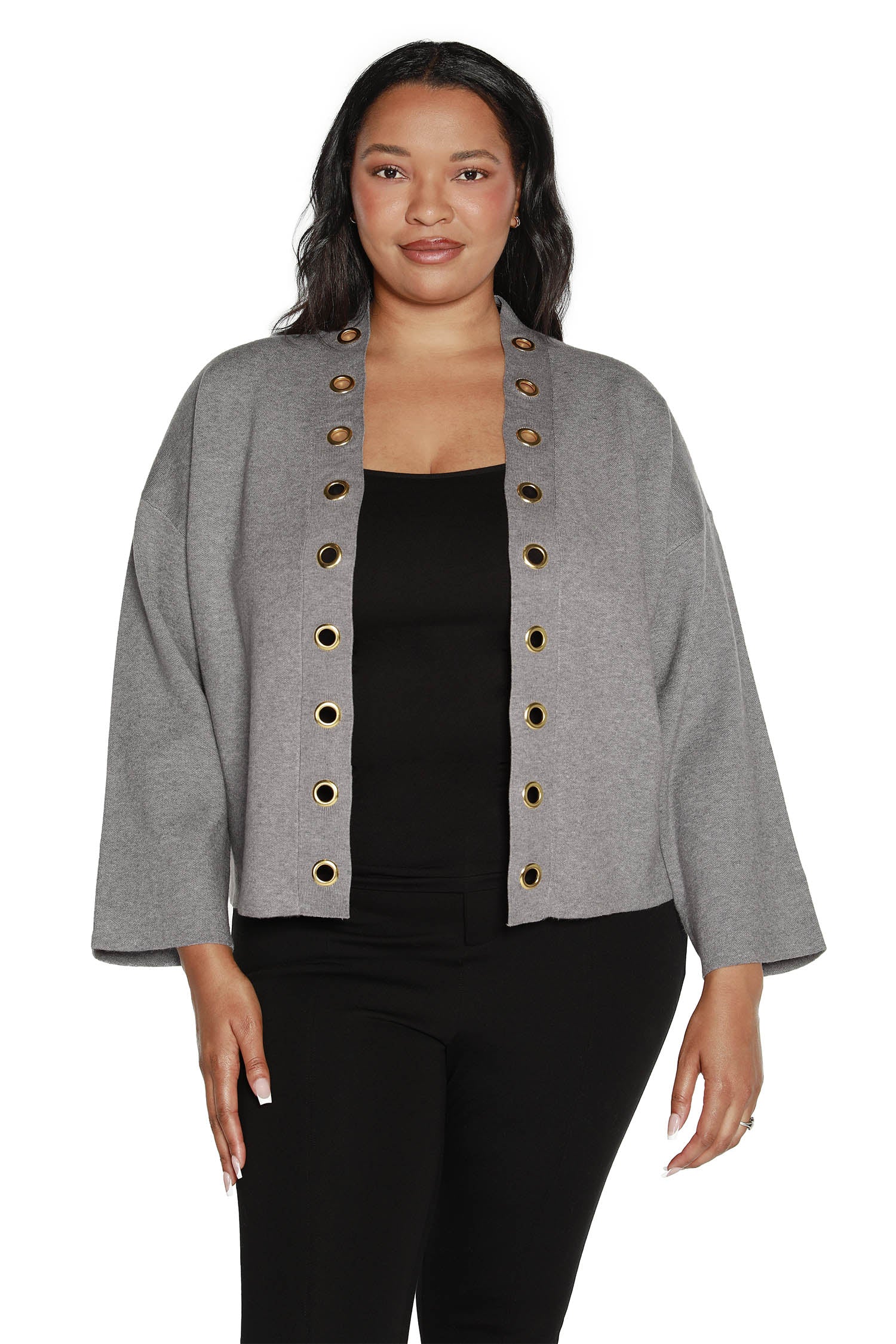 Women's Boxy Cardigan Sweater with Gold Grommet Detail| Curvy