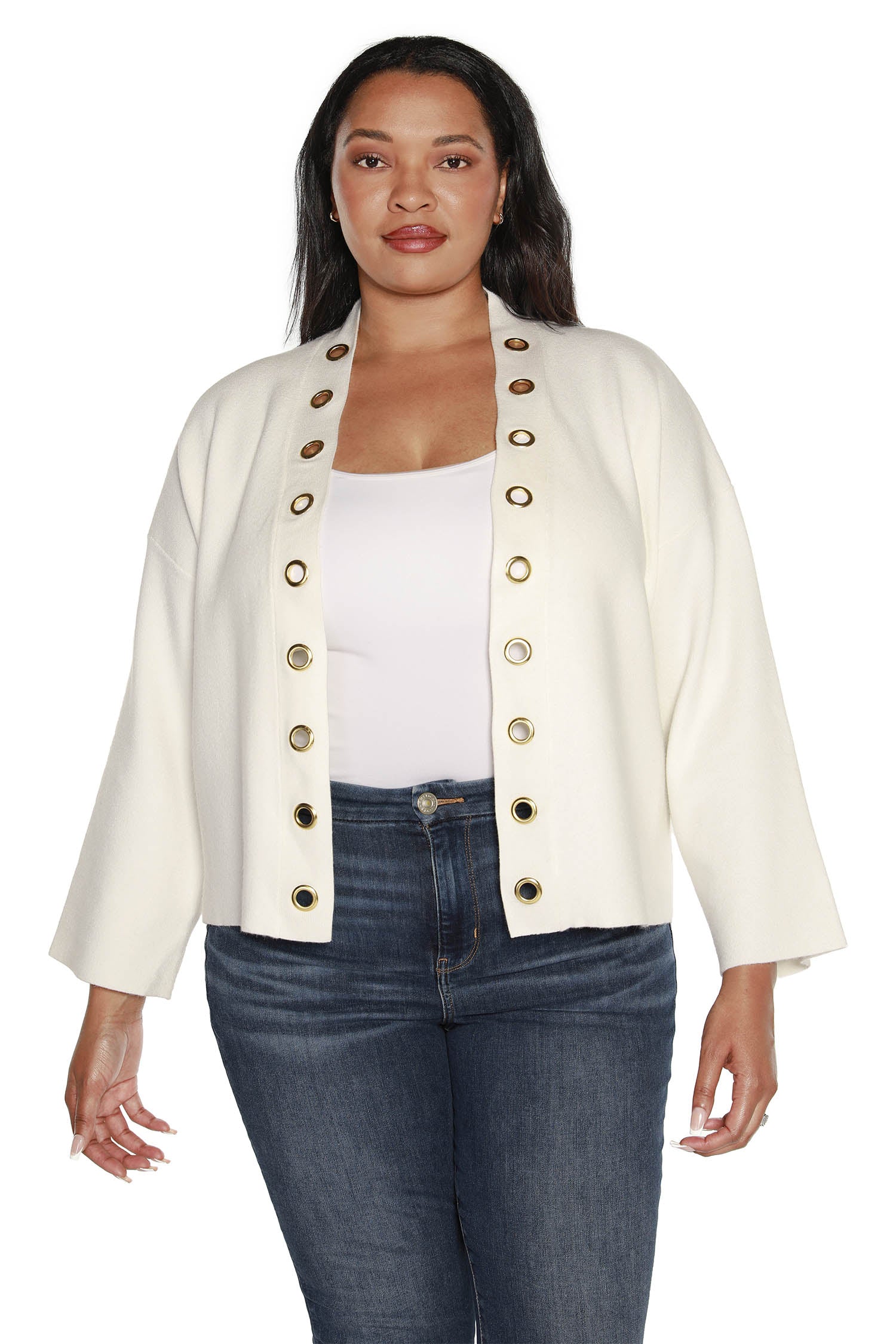 Women's Cropped Slouchy Cardigan Blazer with Gold Grommet Detail | Curvy