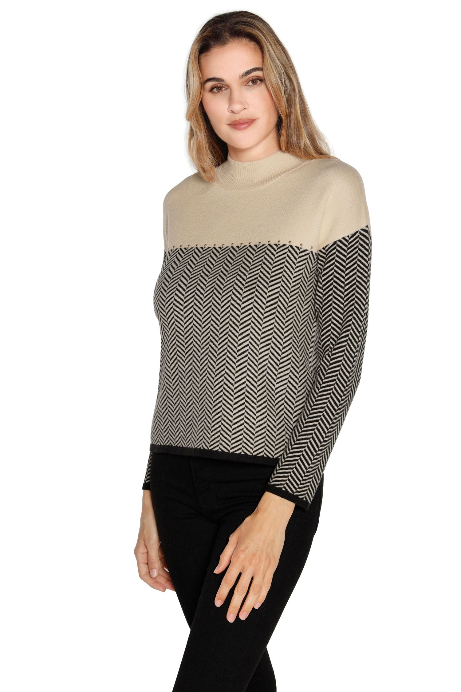 Women's Mock Neck Color Blocked Sweater with Herringbone Knit