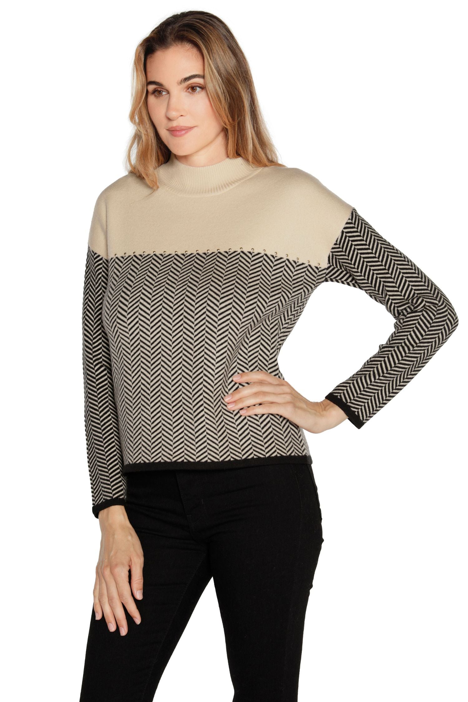Women's Mock Neck Sweater  Color Blocked with Herringbone Knit