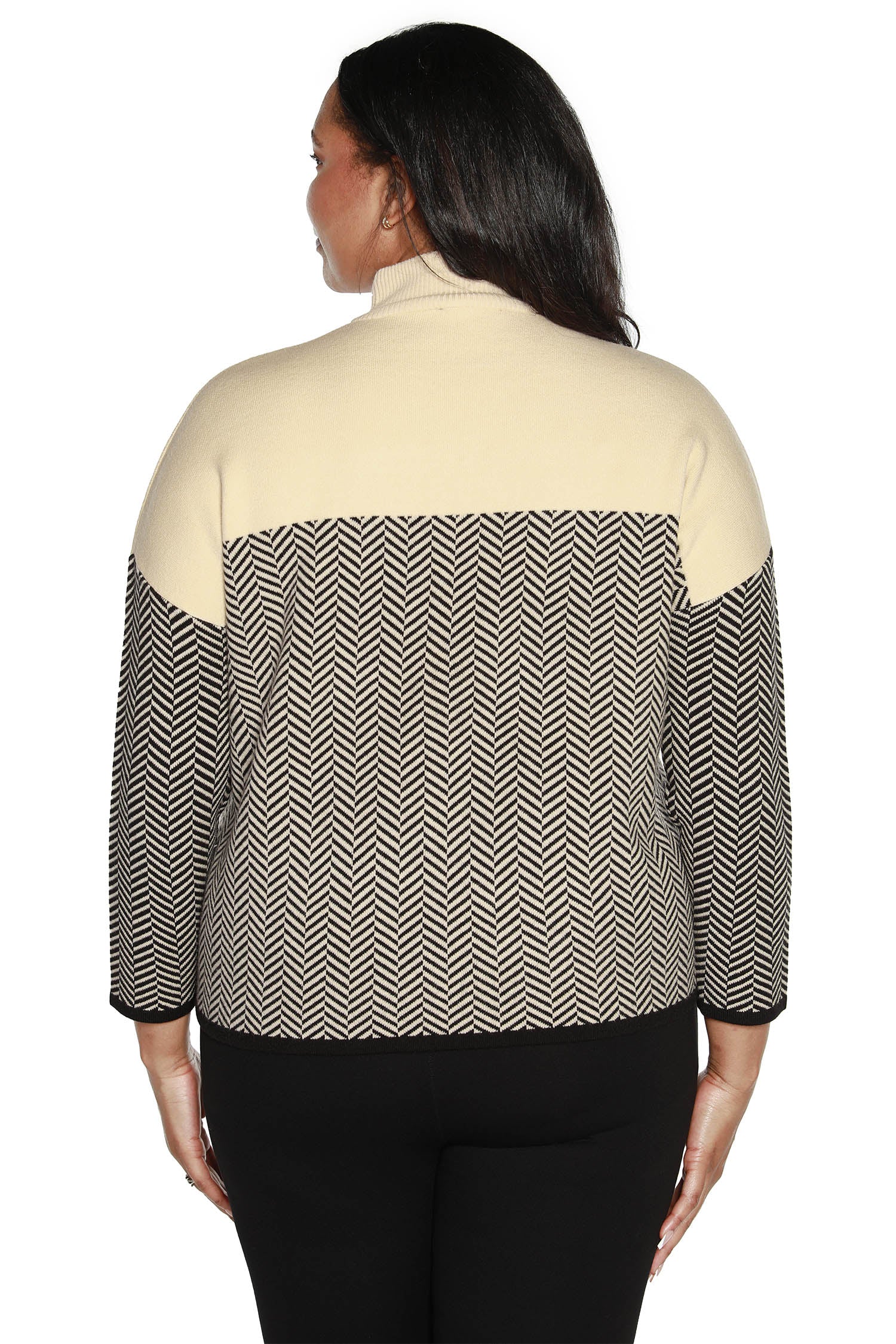 Women's Mock Neck Color Blocked Sweater with Herringbone Knit | Curvy