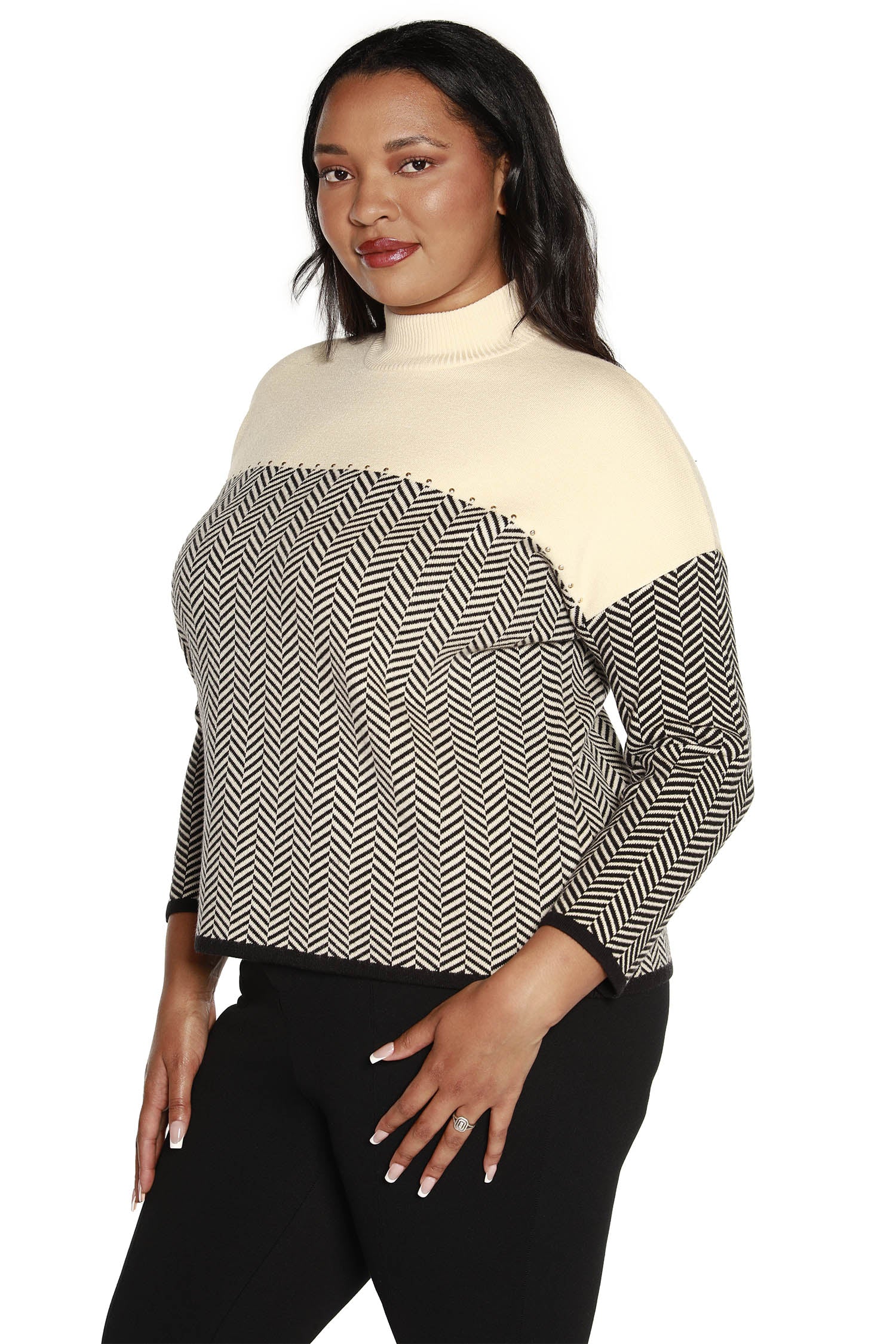 Suéter con cuello simulado para mujer color bloqueado con punto de espiga | con curvas