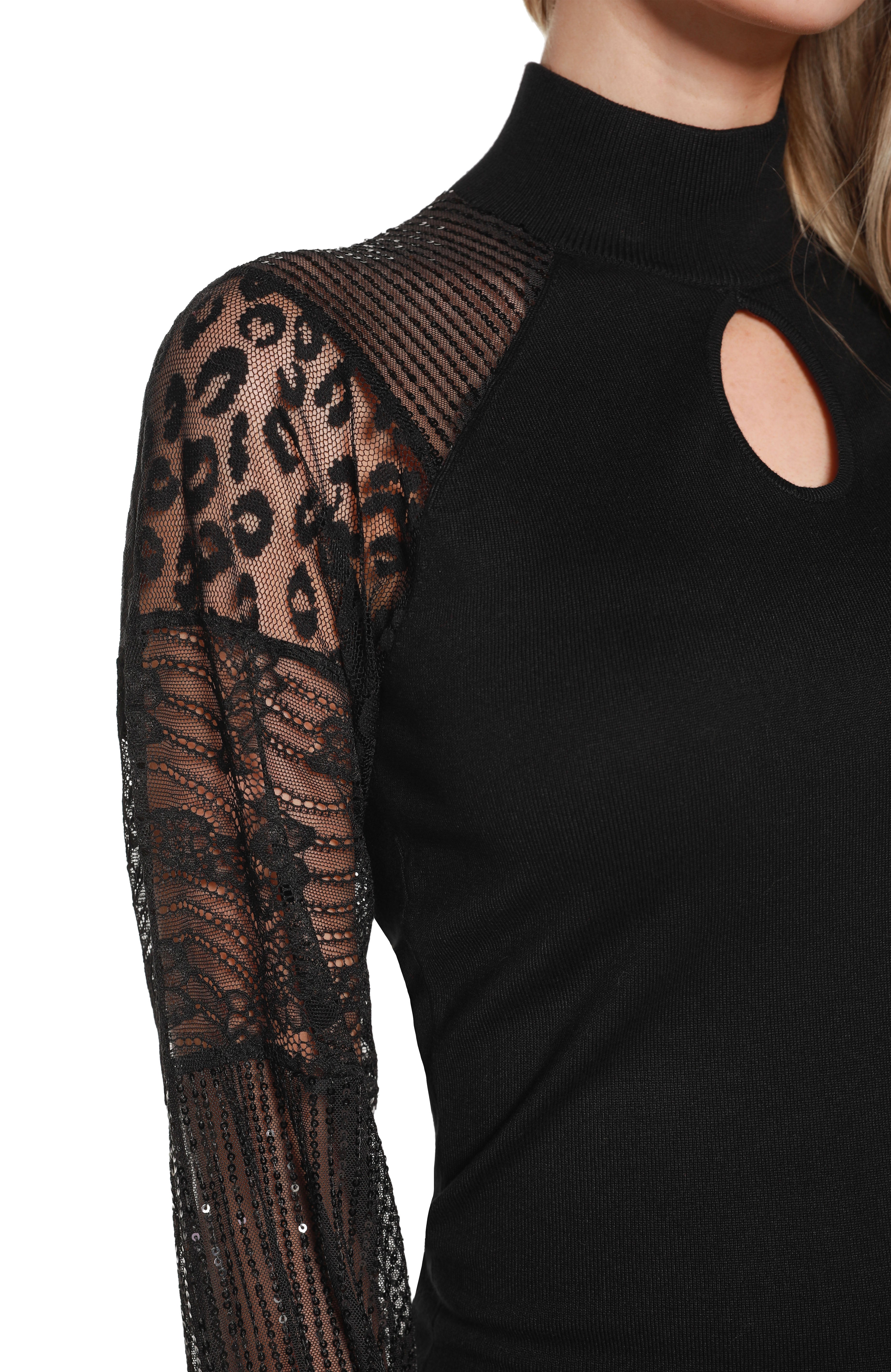 Women’s Long Sleeve Black Sexy Sweater with Modern Lace and Sequin Sleeves