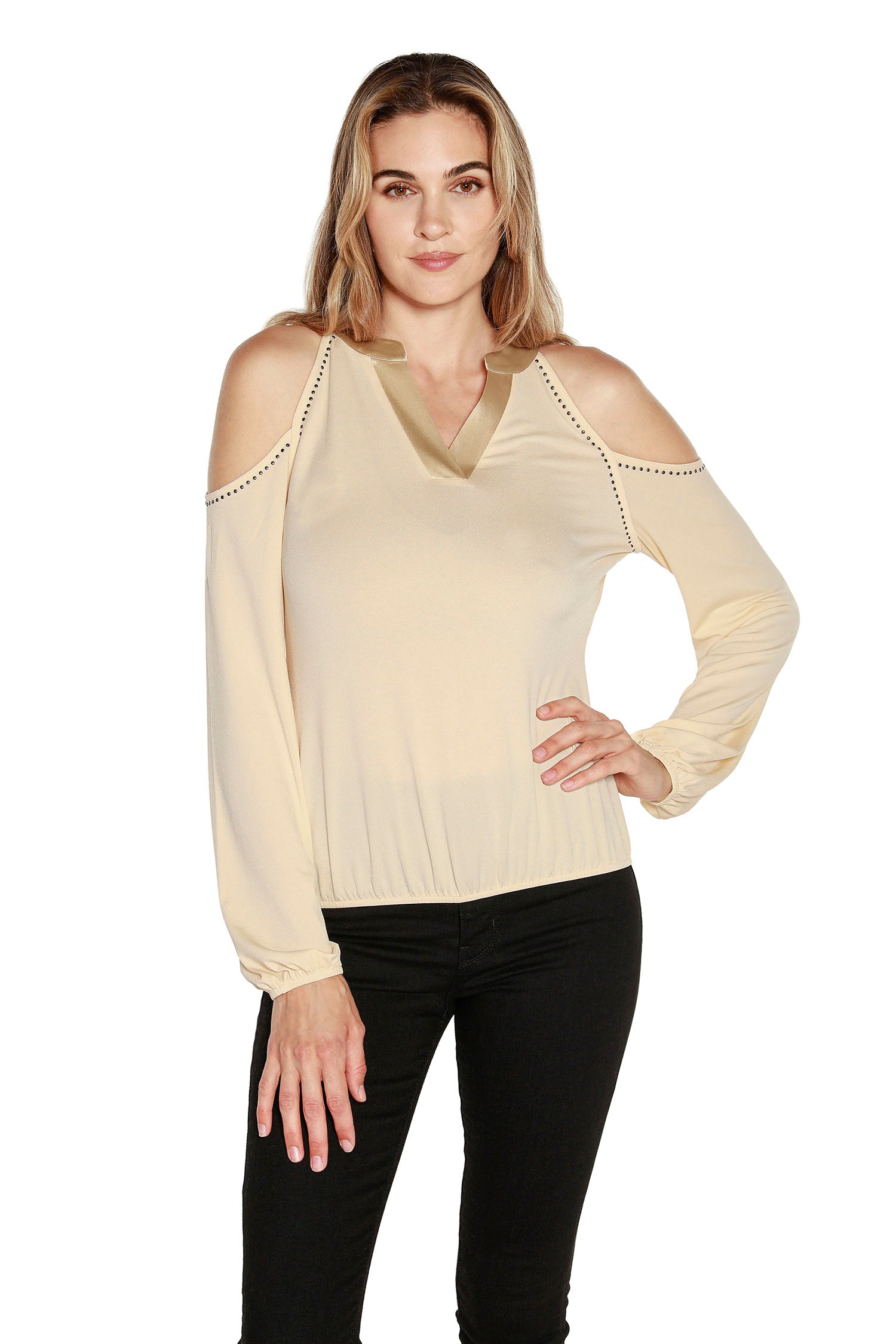 Women’s Cold Shoulder Blouse with V-Neck and Satin Trim