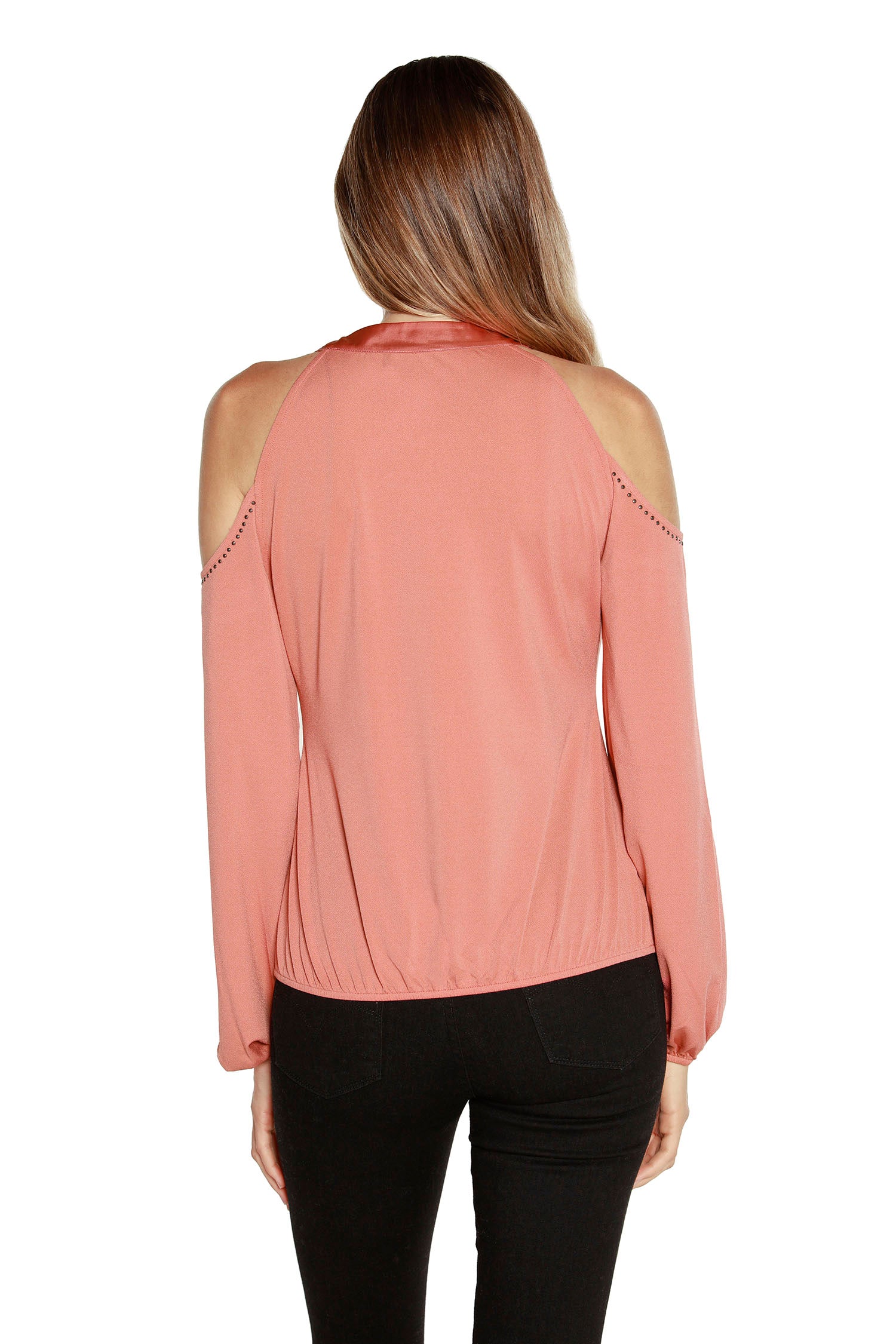 Women’s Cold Shoulder Blouse with V-Neck and Satin Trim