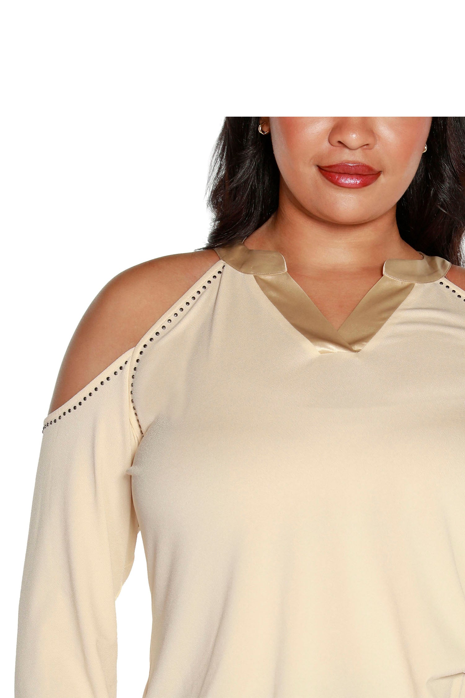 Women’s Cold Shoulder Blouse with V-Neck and Satin Trim | Curvy