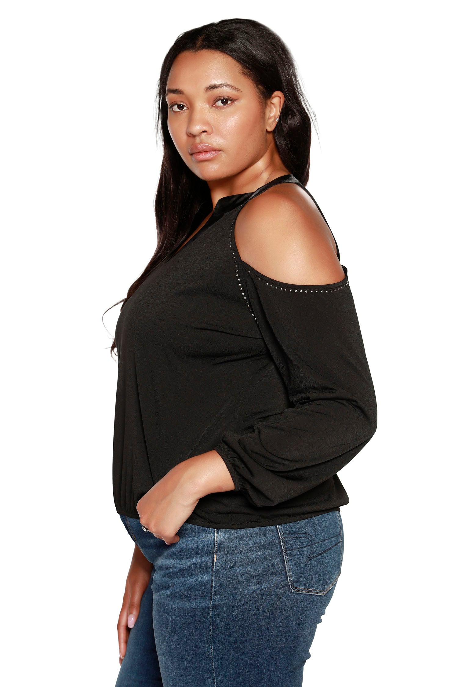 Women’s Cold Shoulder Blouse with V-Neck and Satin Trim | Curvy