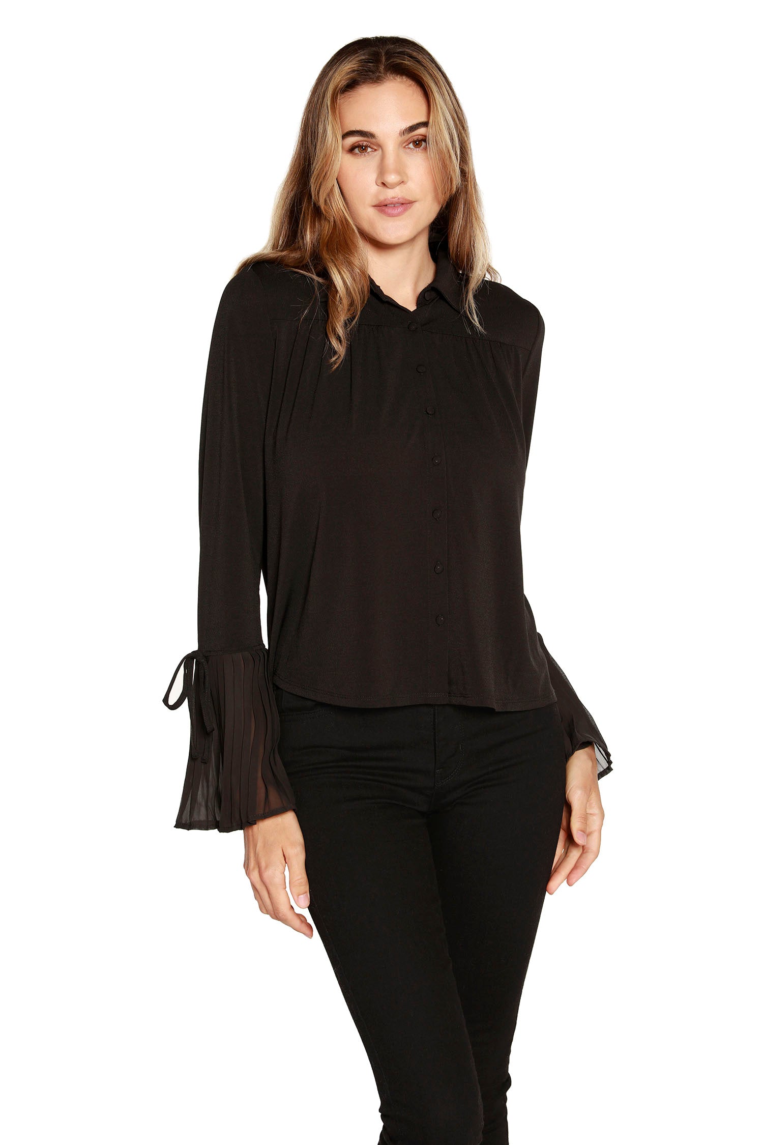Women’s Button Front Blouse with Pleated Sleeves