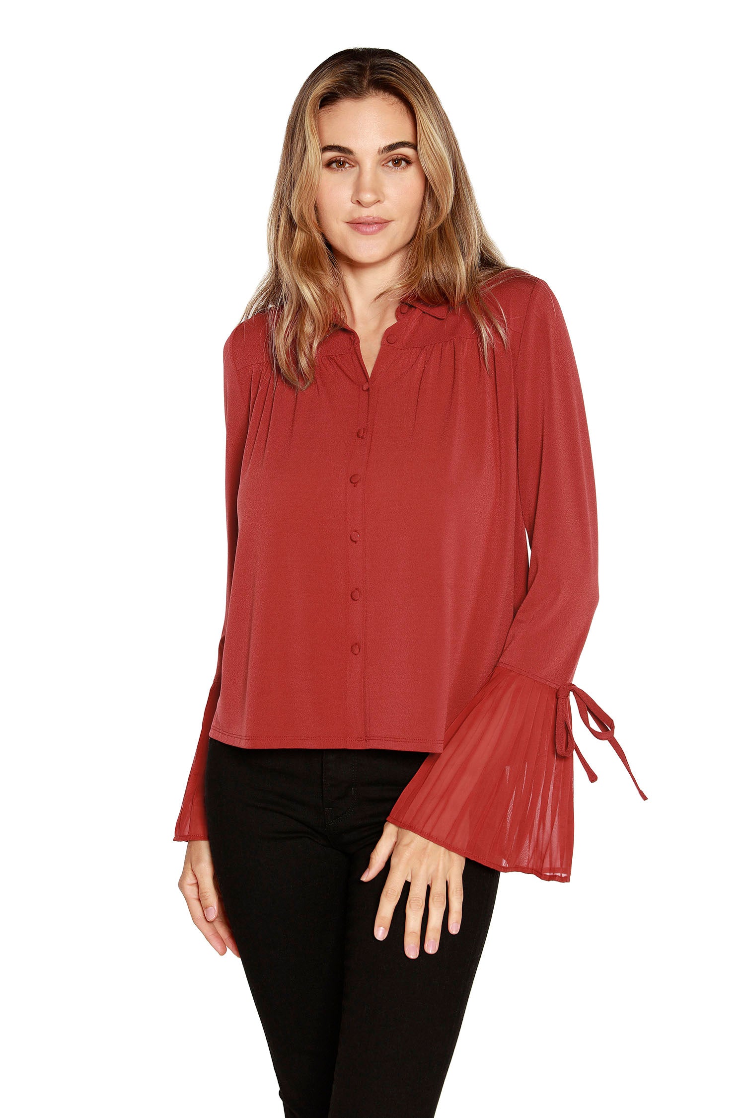 Women’s Button Front Blouse with Pleated Sleeves