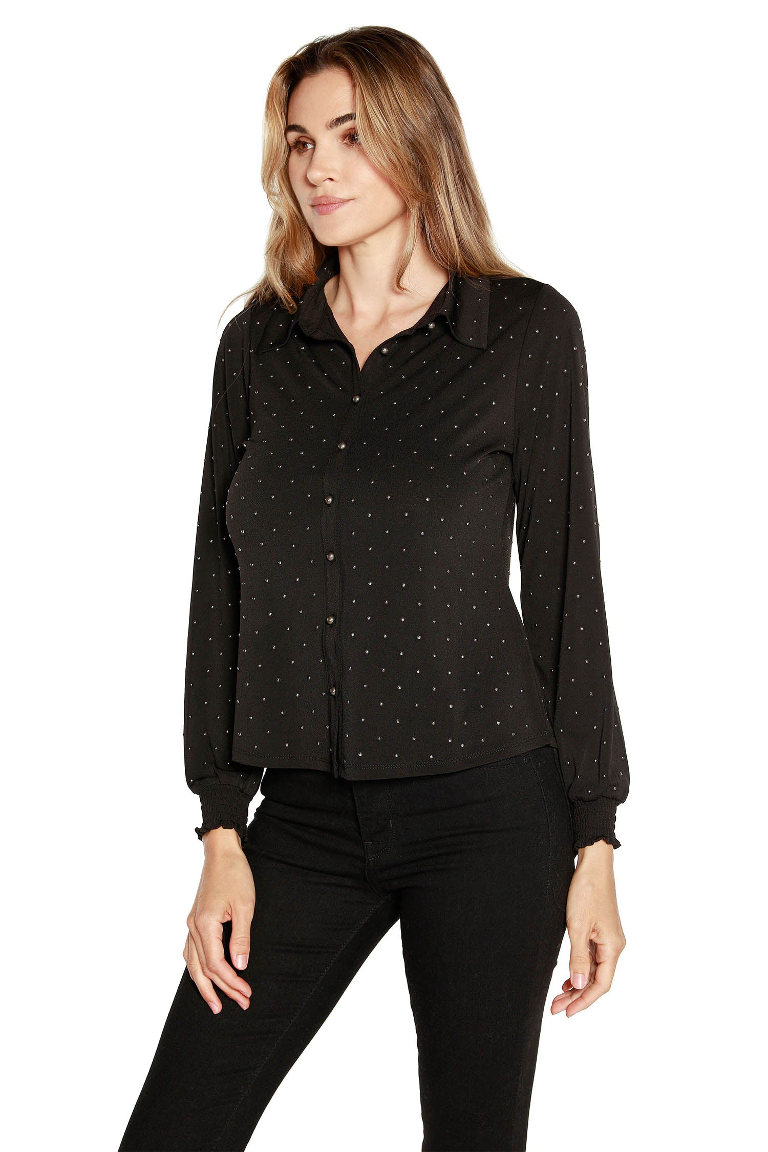 Blusa con botones delanteros y mangas largas tipo blusón para mujer en jersey con estampado de gel metálico