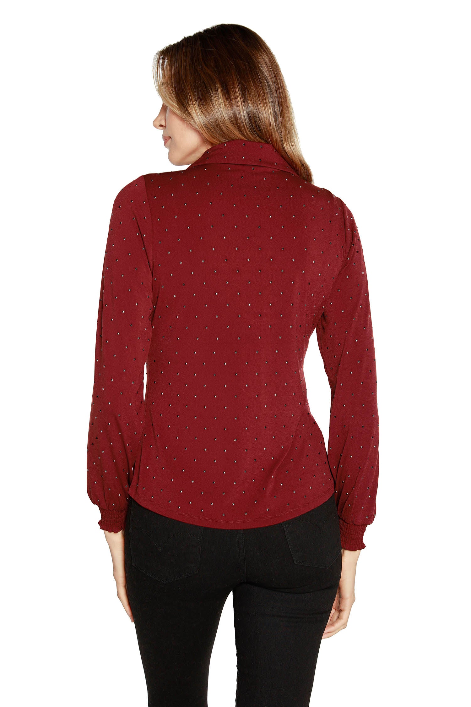Women's Button Front Blouse with Long Blouson Sleeves with Metallic Studs