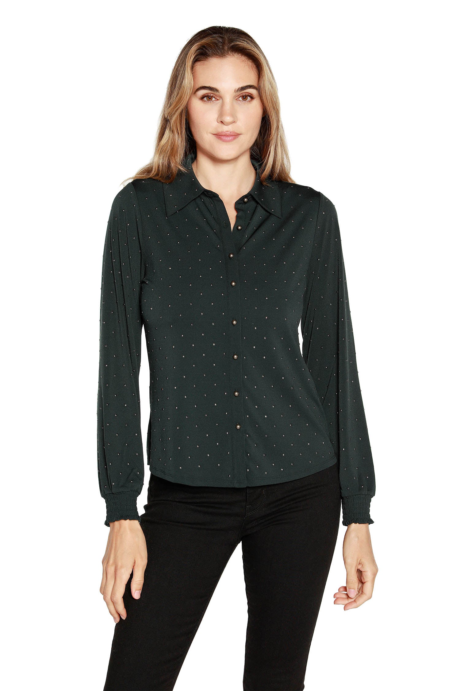 Women's Button Front Blouse with Long Blouson Sleeves in a Metallic Gel Print Jersey