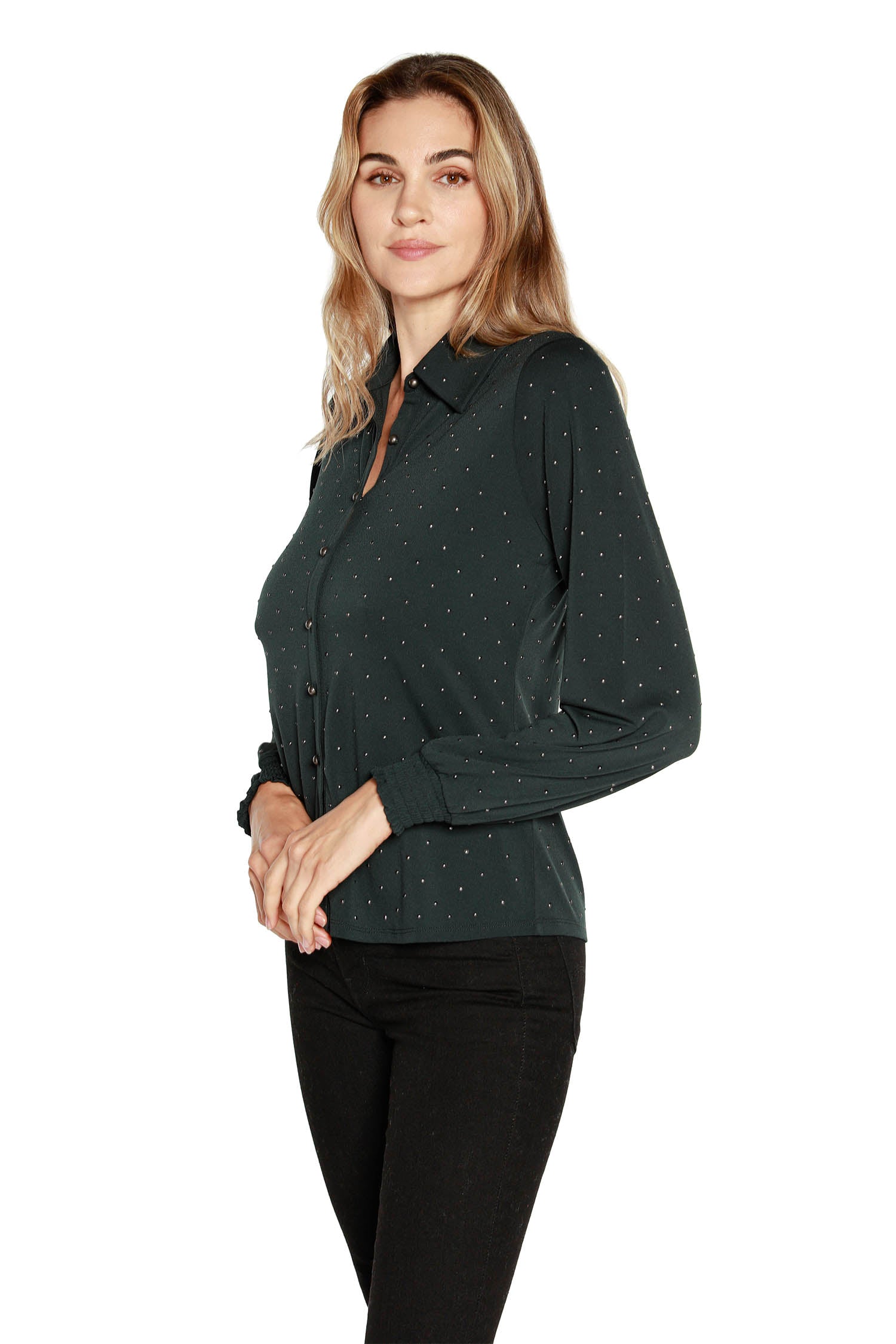 Women's Button Front Blouse with Long Blouson Sleeves with Metallic Studs