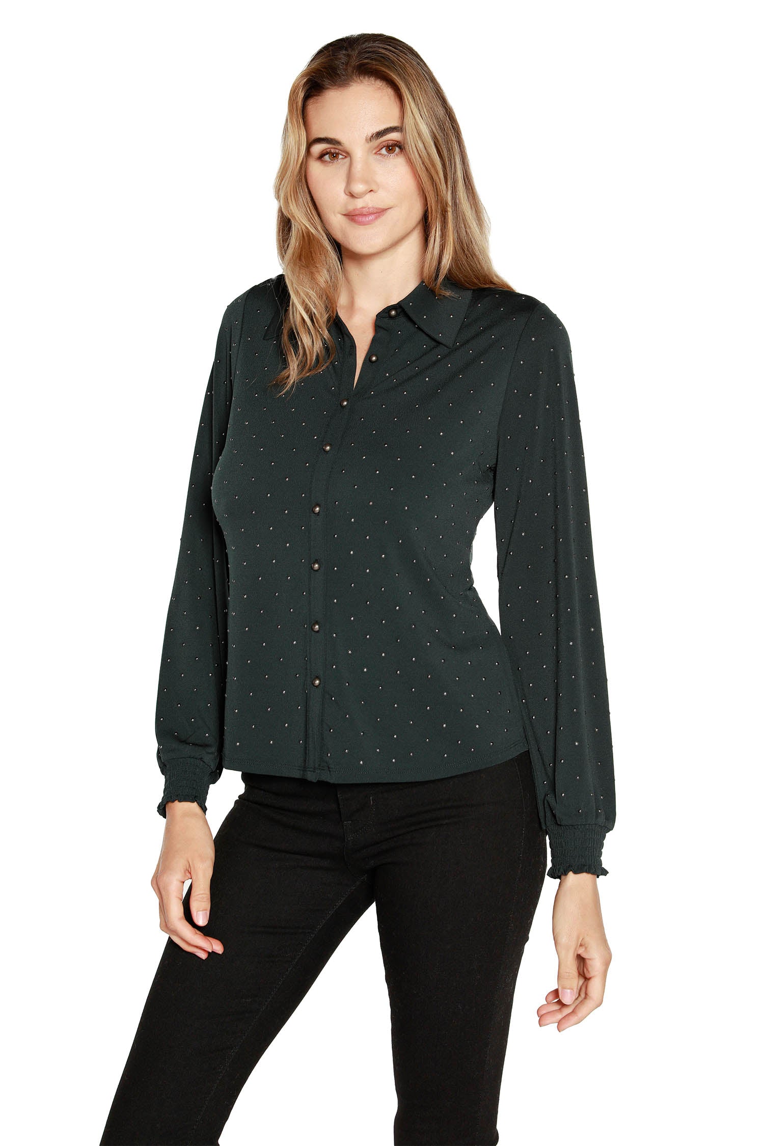 Women's Button Front Blouse with Long Blouson Sleeves in a Metallic Gel Print Jersey