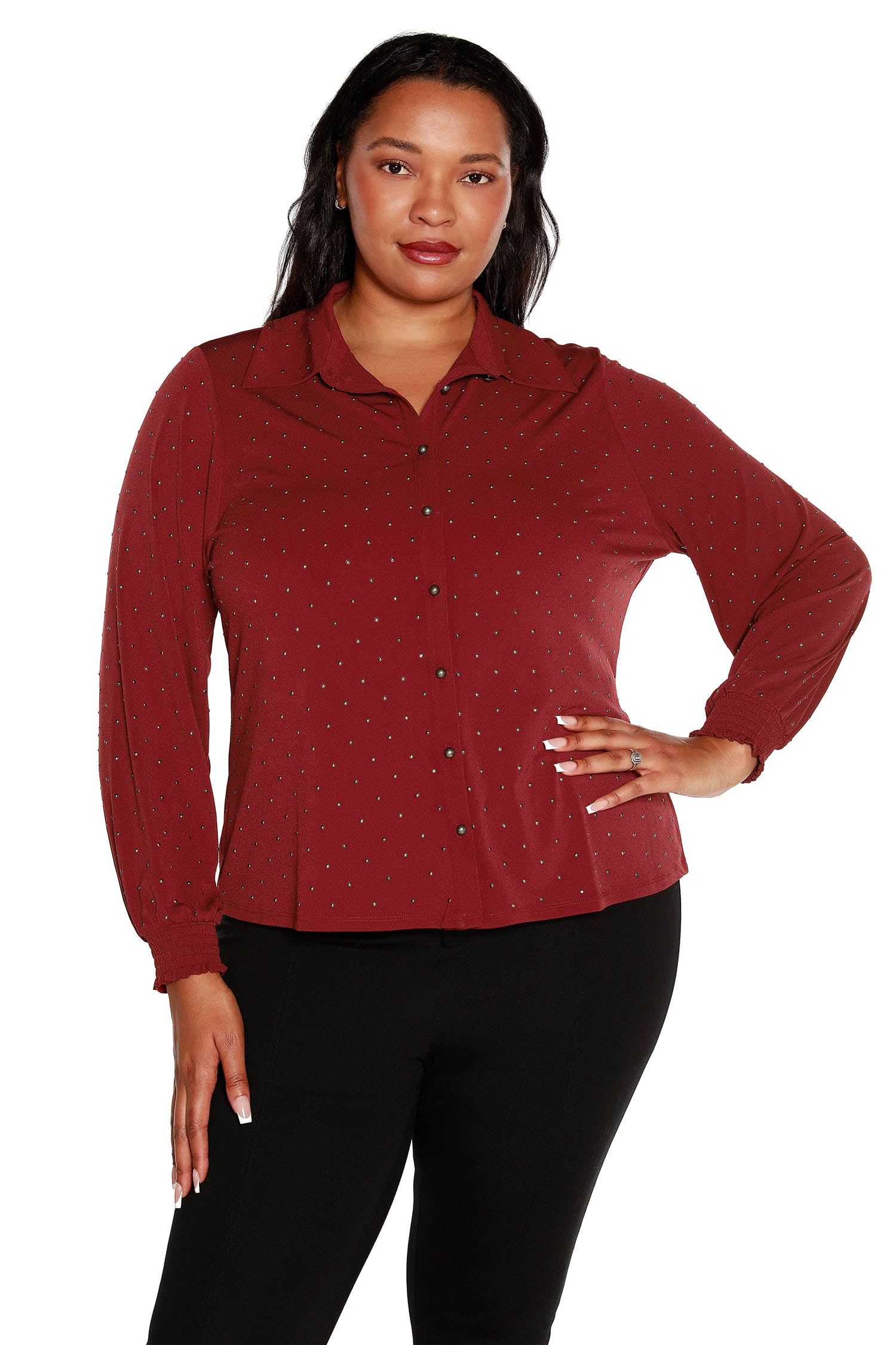 Women's Button Front Blouse with Long Blouson Sleeves with Metallic Studs | Curvy