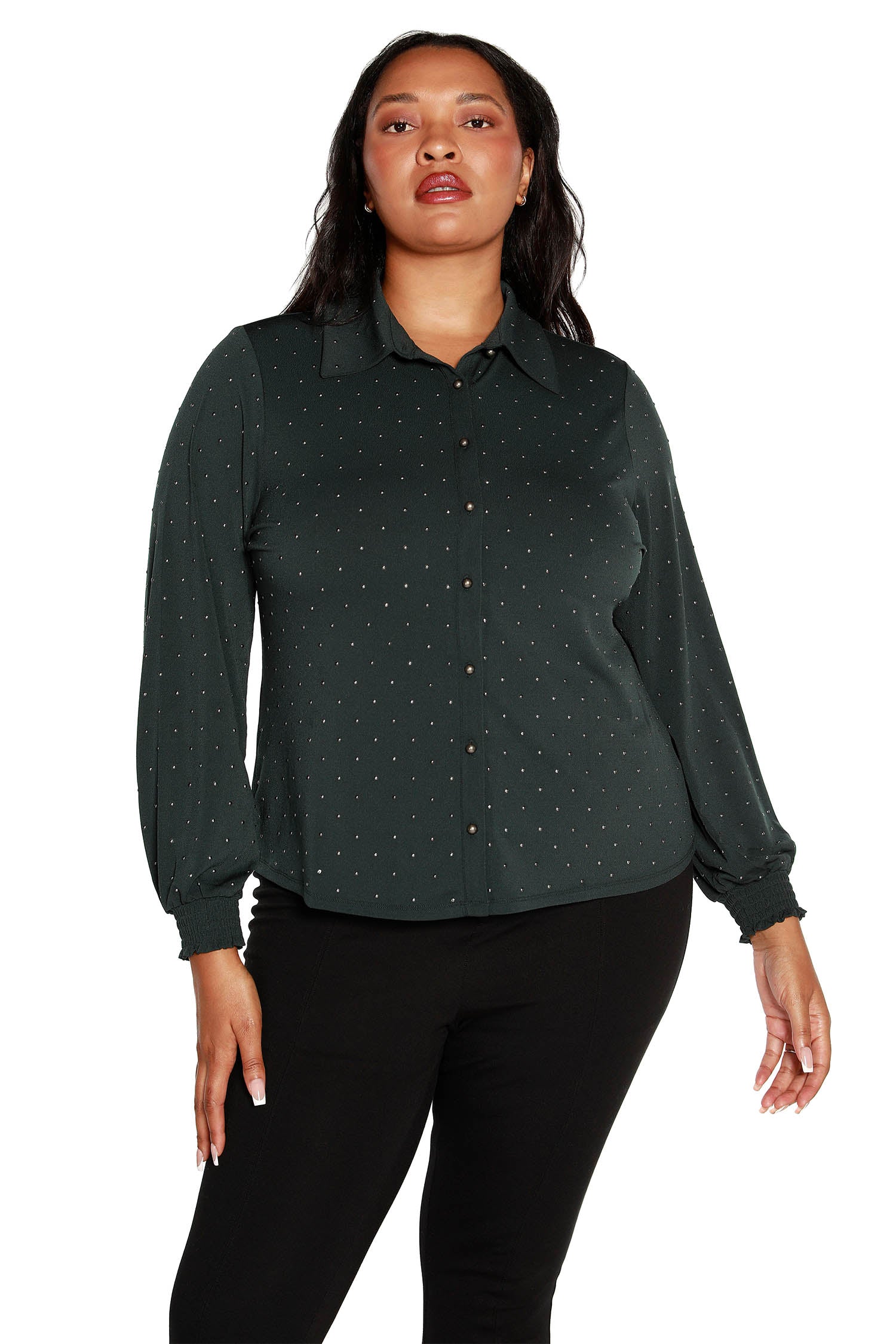 Women's Button Front Blouse with Long Blouson Sleeves in a Metallic Gel Print Jersey | Curvy
