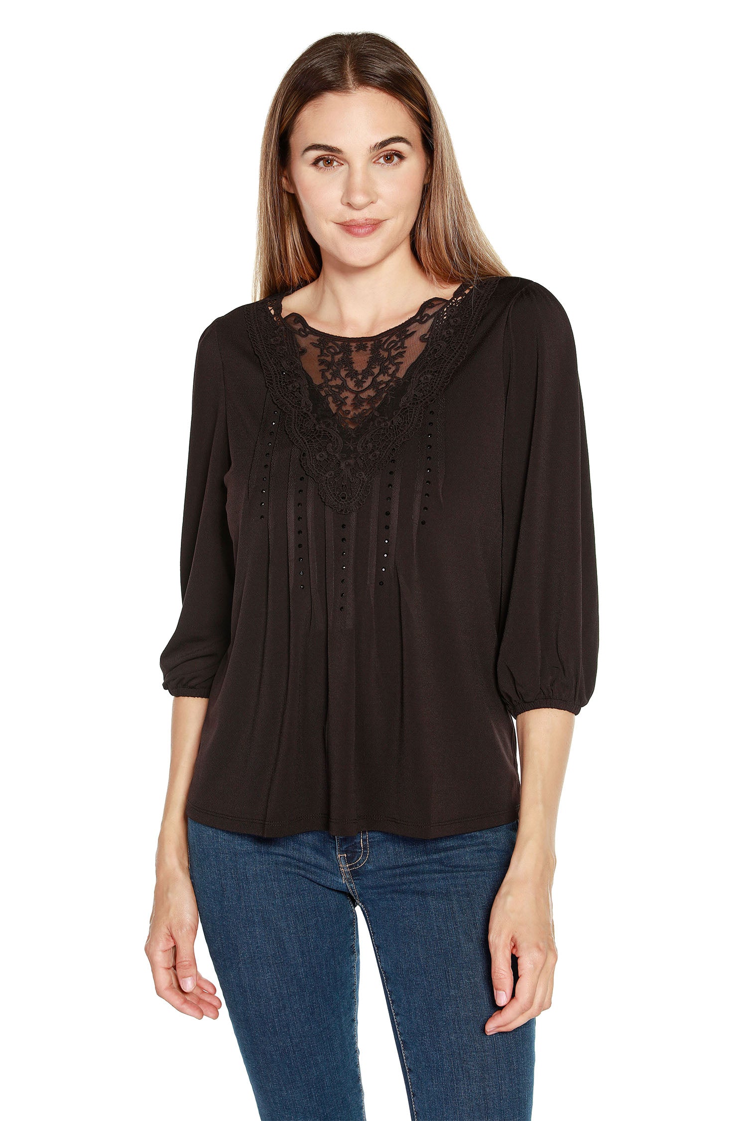 Women's Loose Fit Pullover Blouse with Delicate Lace Insets