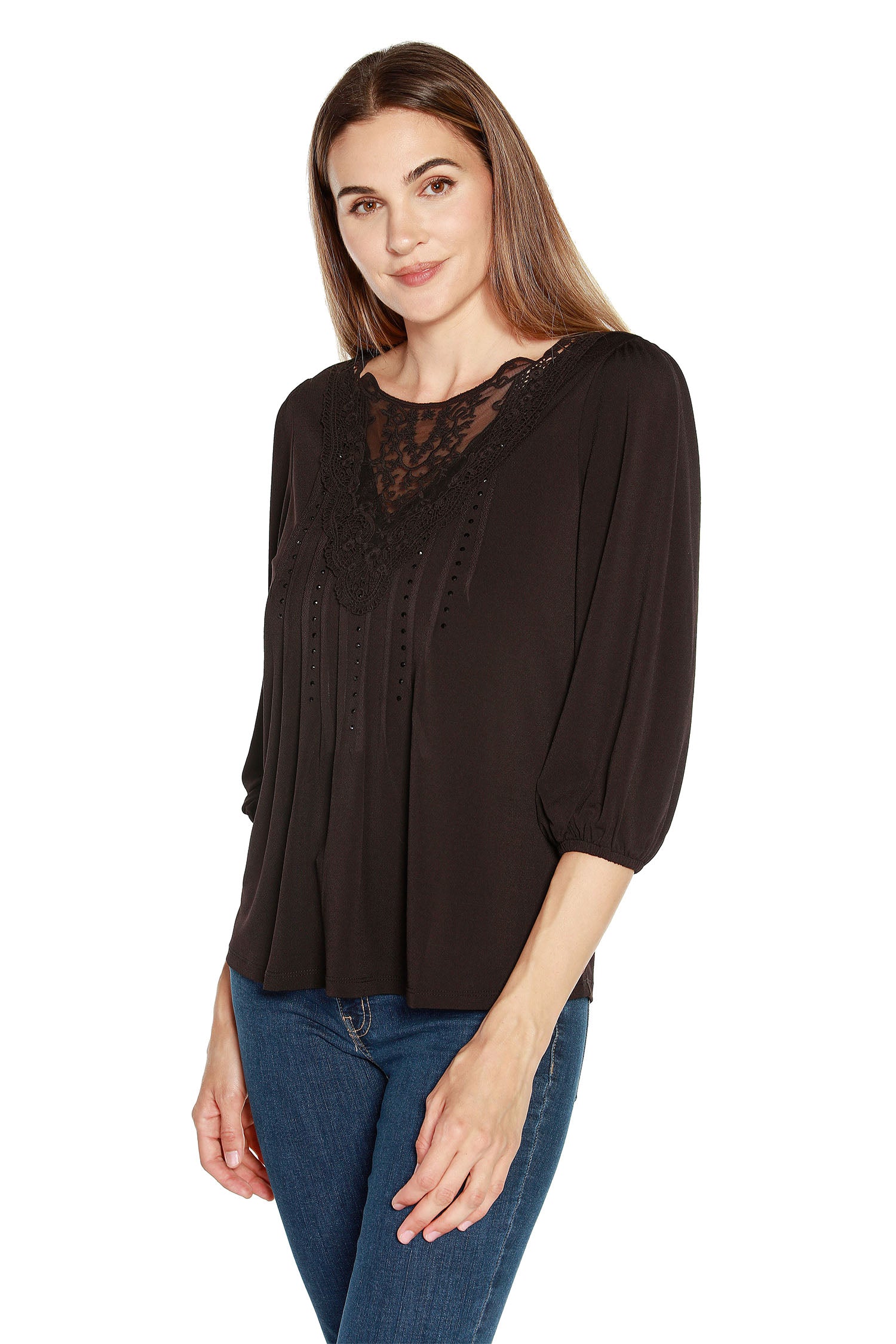 Women's Loose Fit Pullover Blouse with Delicate Lace Insets